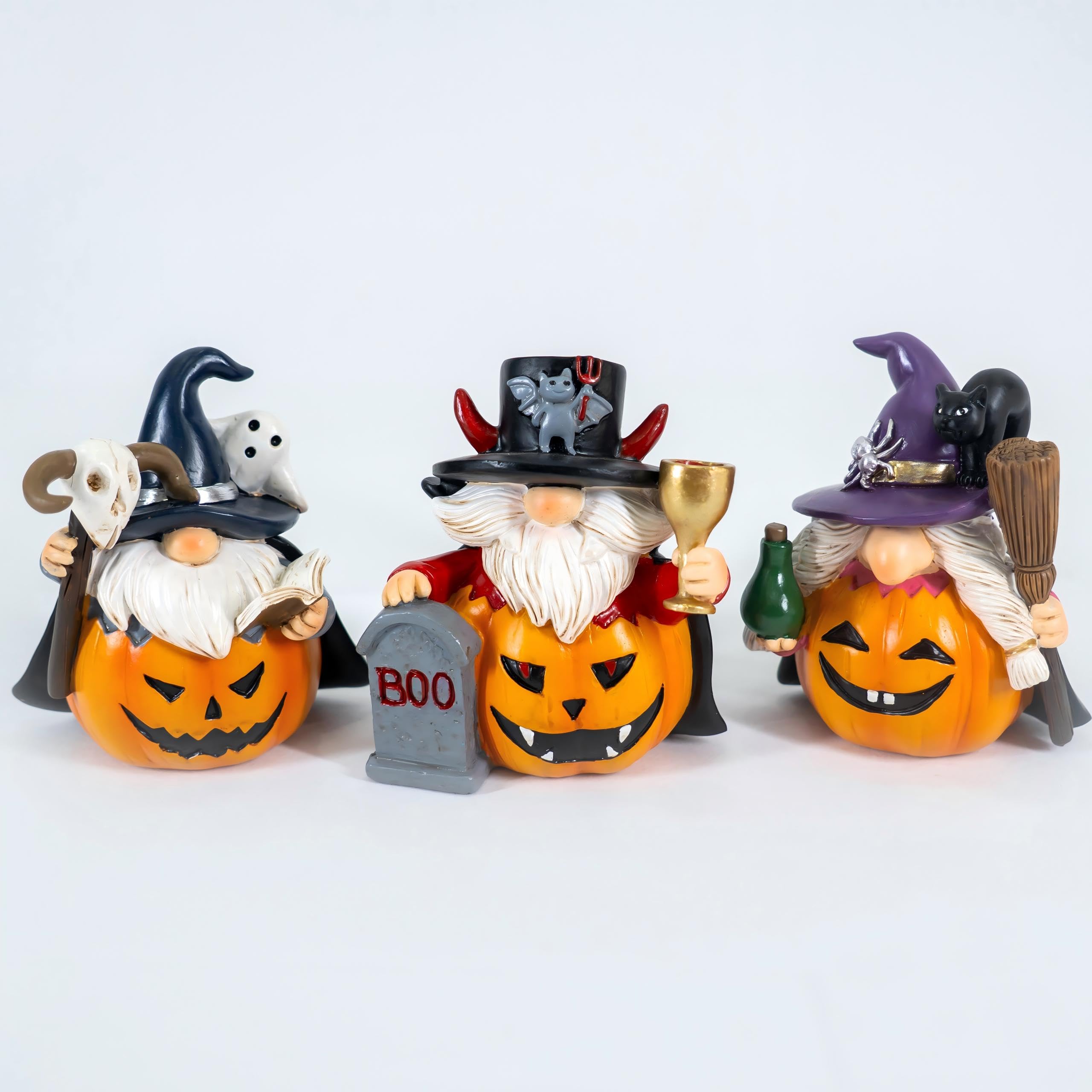 Halloween Gnome Set of 3PCS Halloween Gnomes Pumpkin Themed Resin Halloween Gnomes Decor for Tier Tray Vampire Wizard Witch Gnomes Gifts for Women(Pumpkin)