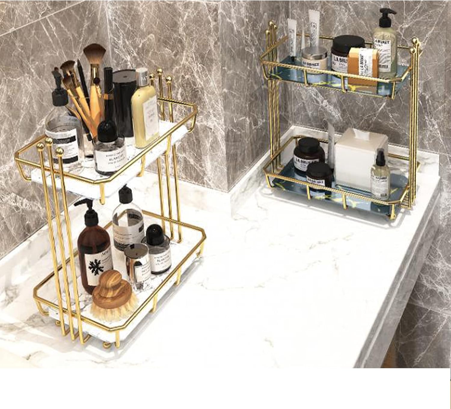 HB1 2-Tier Square Makeup Tray Iron Ceramics Waterproof and Moisture-Proof Jewelry Perfume Organizer for Vanity, Bathroom, Bedroom Free Punch Shelf