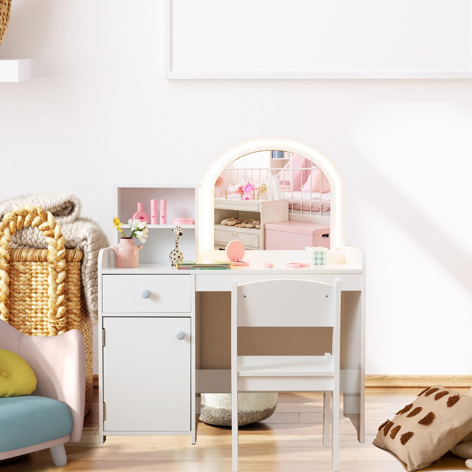 LIFEZEAL 2 en 1 Coiffeuse et Bureau pour Enfants avec Chaise, Table de Maquillage Fille avec Miroir LED & Casier, Coiffeuse en Bois avec Tiroir & Étagère, 3+ Ans, Charge de 50kg (Blanc)