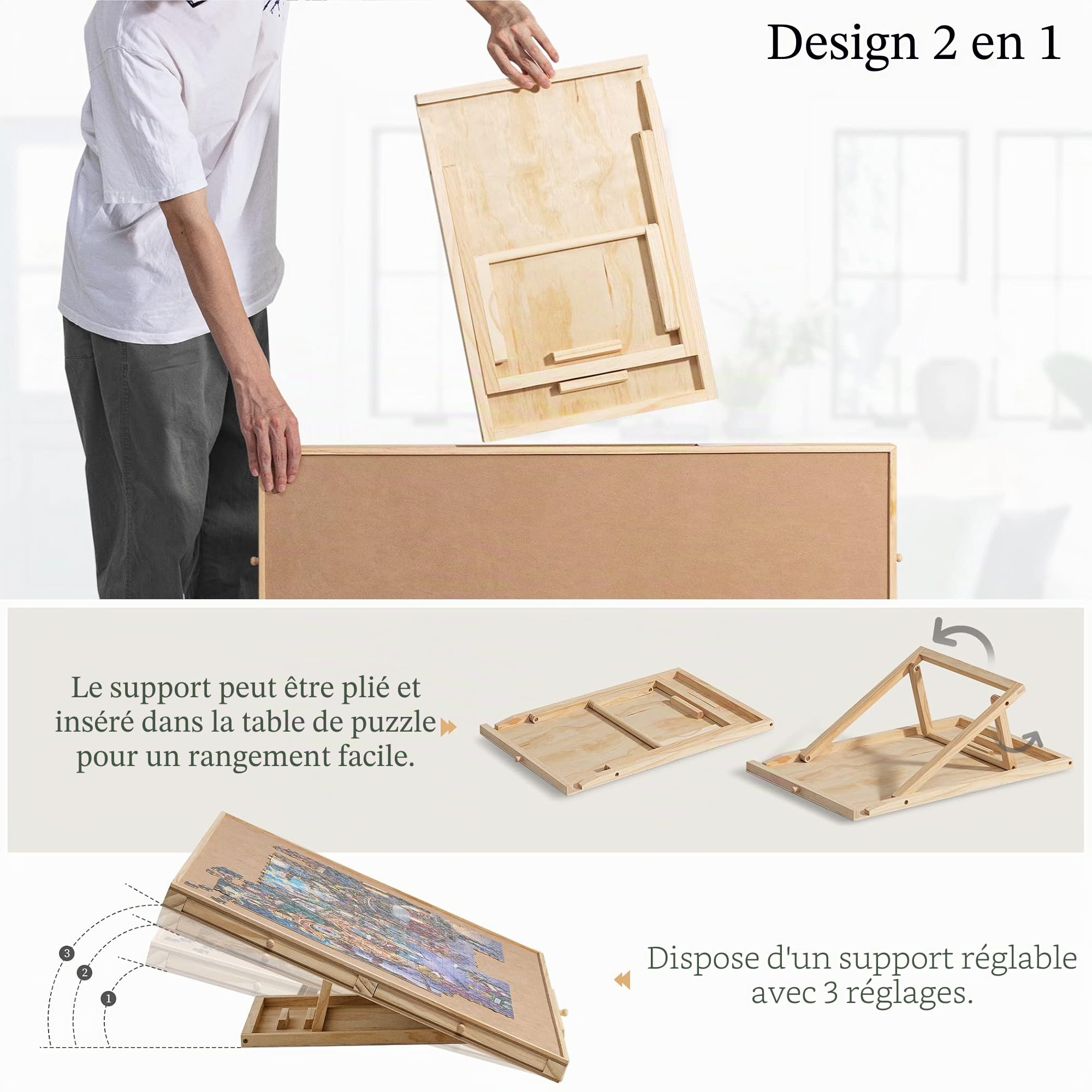 Tektalk Table de puzzle avec support réglable intégré et couvercle amovible - Planche de puzzle portable en bois avec 4 tiroirs de tri - Jusqu'à 1000/1500 pièces (jusqu'à 1500 pièces)