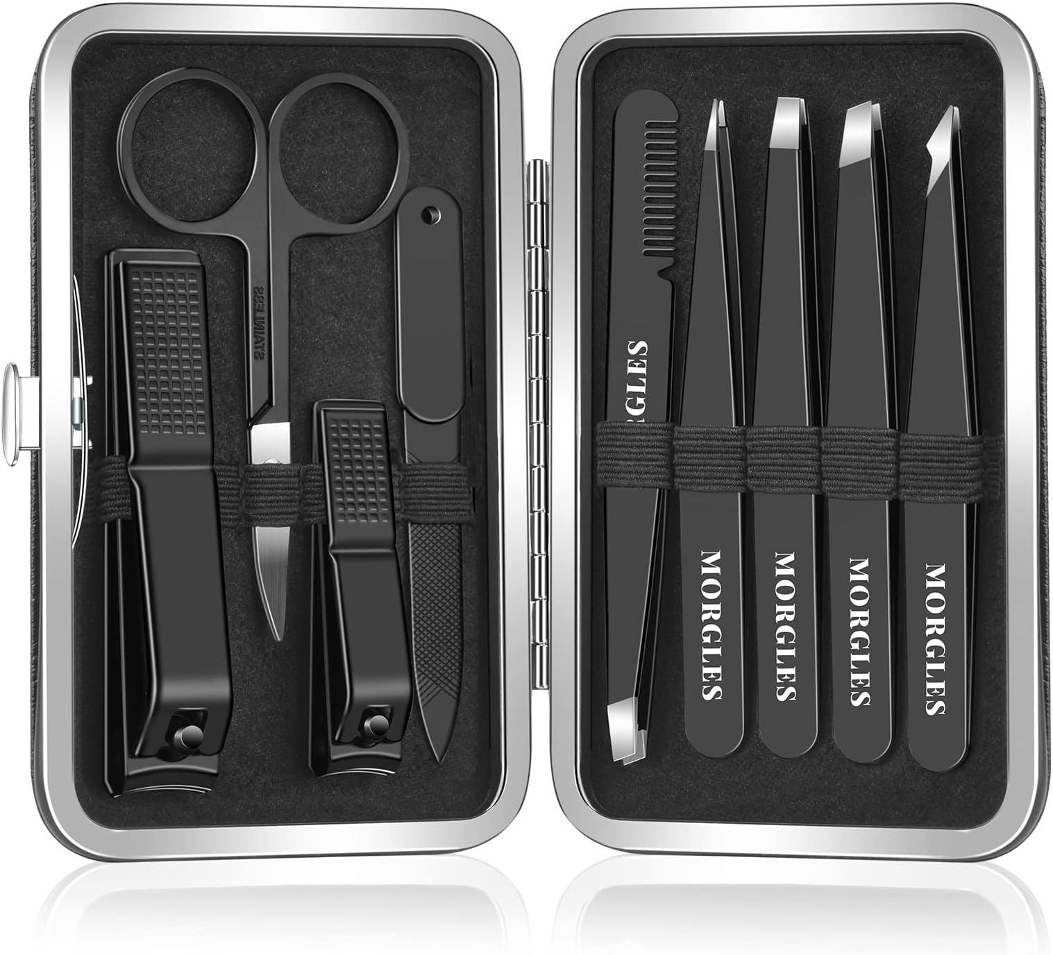 MORGLES Tweezers Set and Nail Clippers, 9 Pcs Stainless Steel Tweezers Kit for Men Professional Manicure Set for Men Grooming Kit With Leather Travel Case