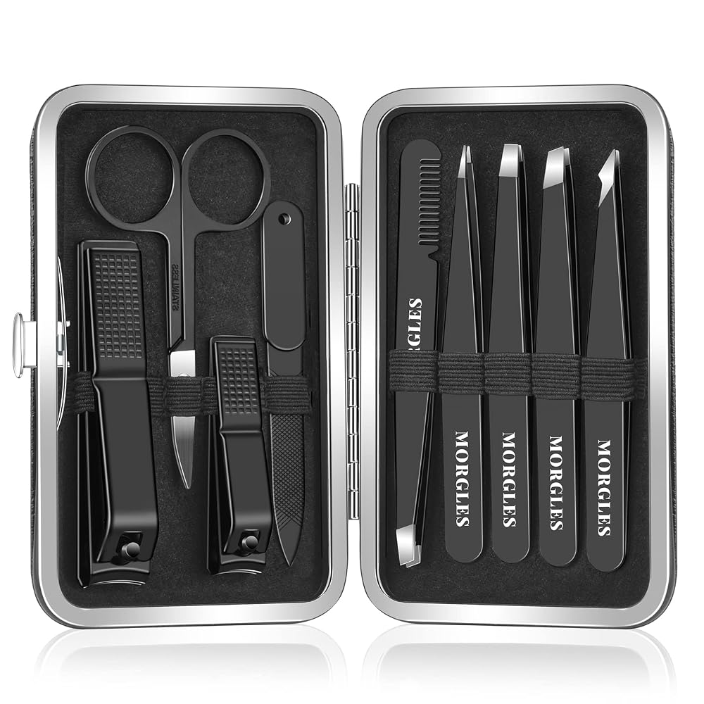 MORGLES Tweezers Set for Men 9 Pcs Nail Clipper Kit with Case for Grooming