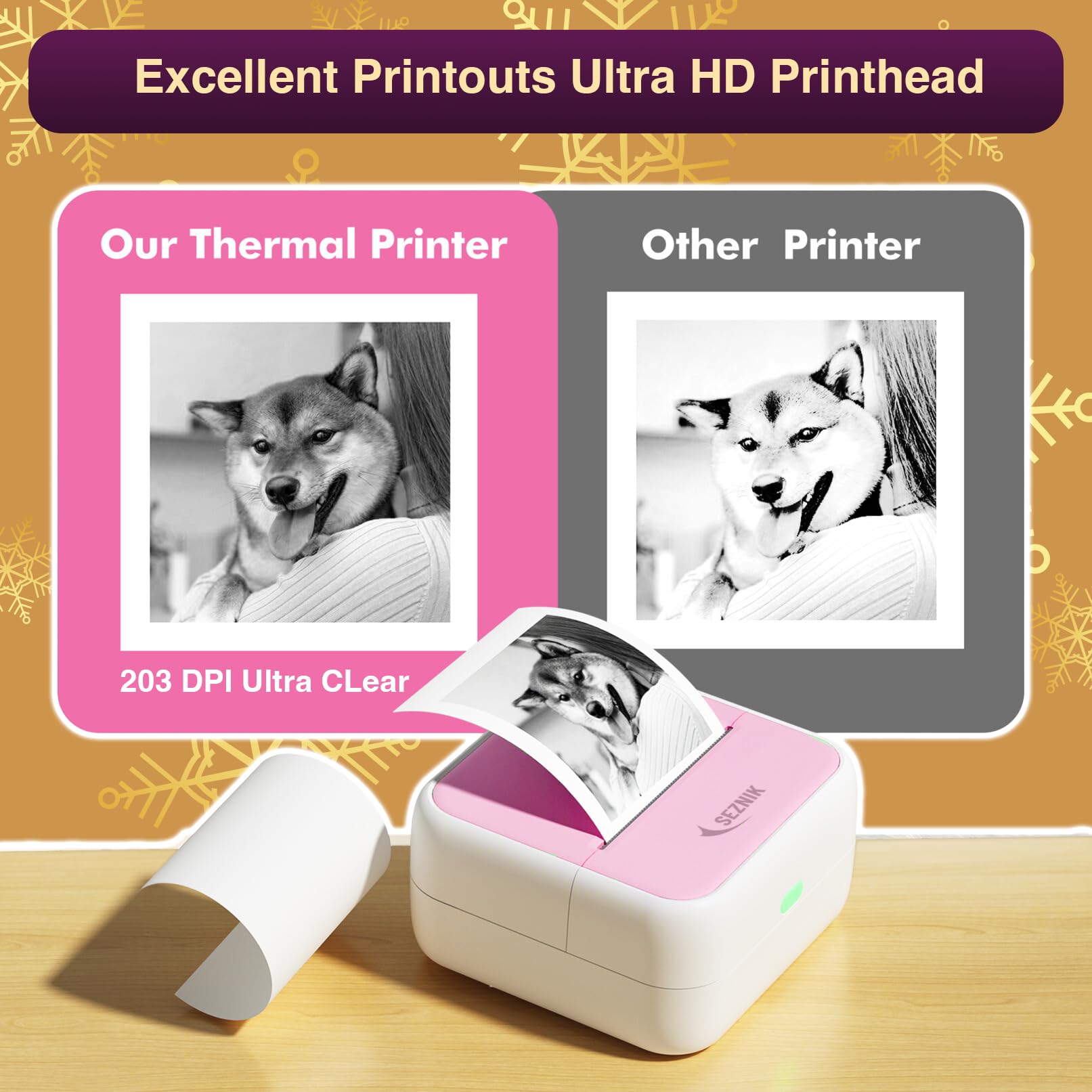 SEZNIK Mini Printer, Inkless, Thermal, Bluetooth, Portable Printer, Compatible with Android, iOS Mobile. 1 Year Warranty (MiniX-Pink-Gift) 3