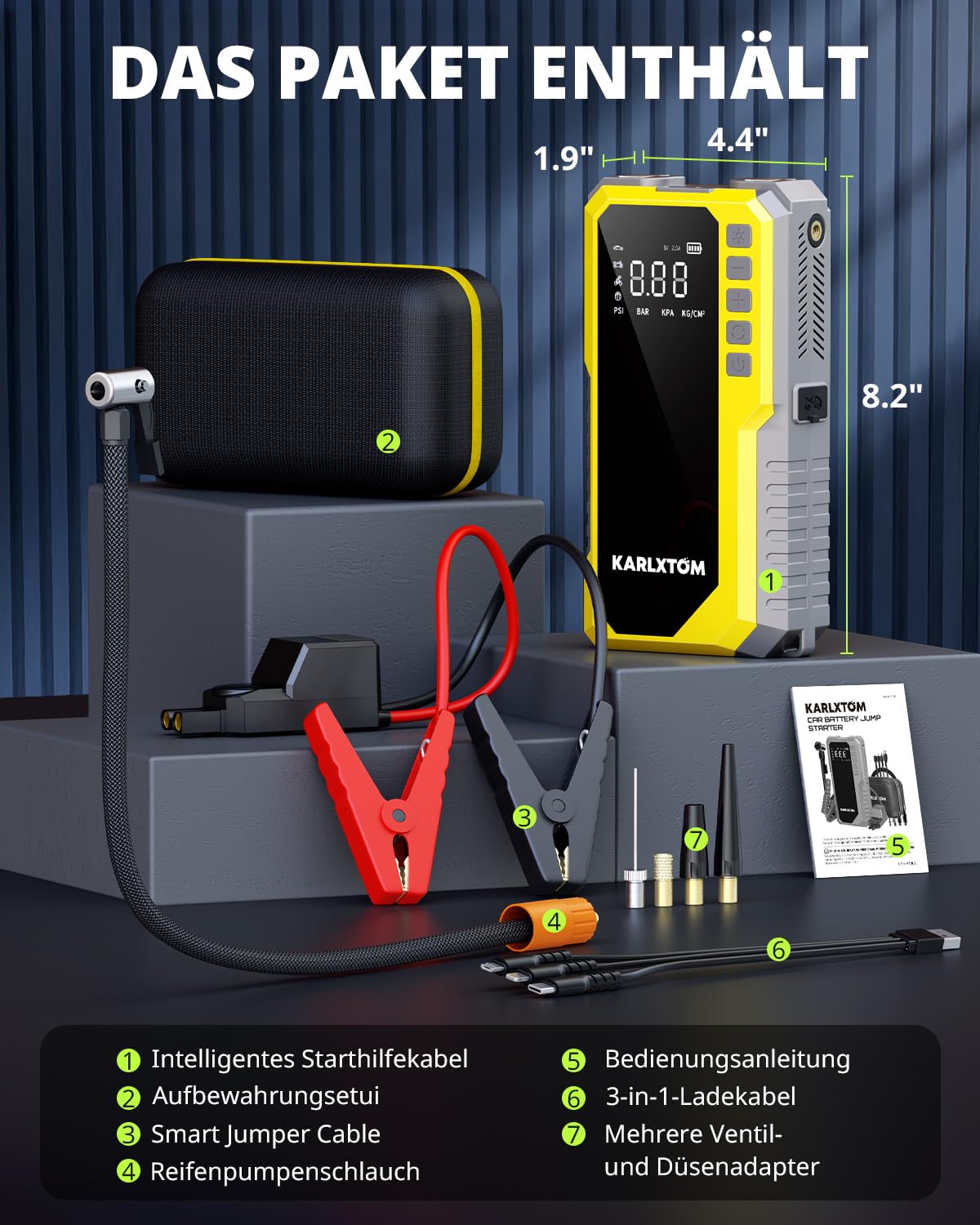Karlxtom Starthilfe Powerbank für Pkw mit 190PSI Kompressor, 88Wh Auto Starthilfe Powerbank für All Benzin und 10L Dieselmotor, 4500A Starter Powerbank und 500LUM LED-Licht, LCD-Anzeige