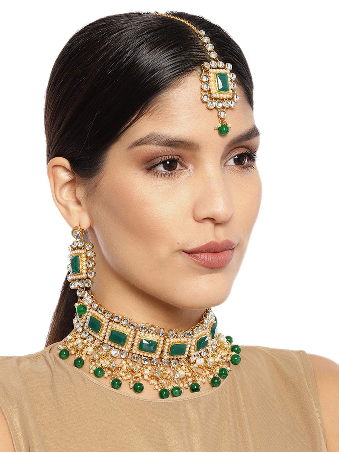 Women's Mesmerising Green Traditional Choker Jewellery Set