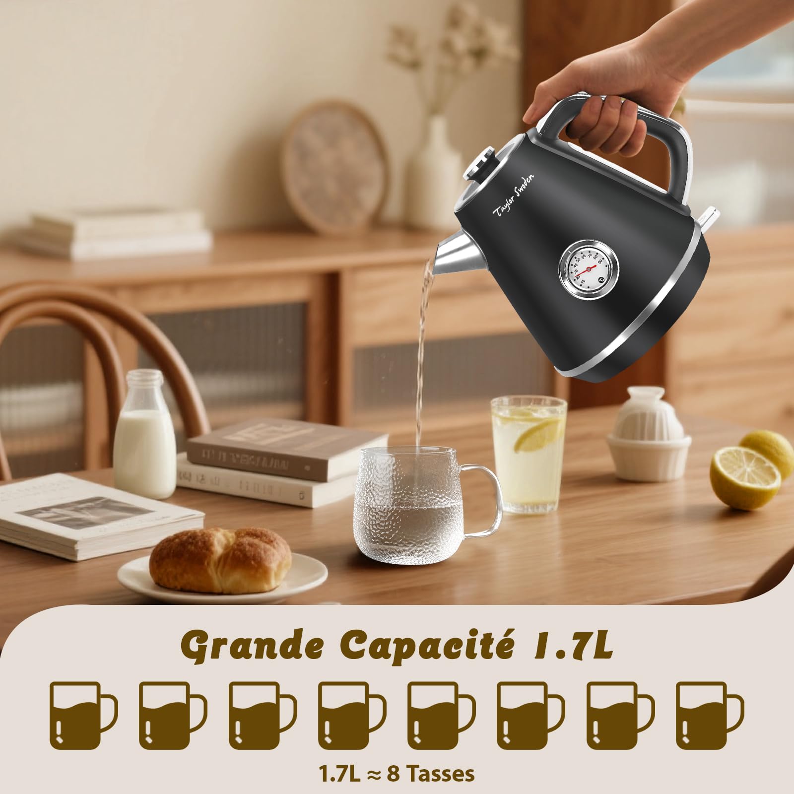 Taylor Swoden Aladin - Bouilloire rétro Vintage themomètre intégré, 2200W, 1,7L. Acier inoxydable, arrêt automatique, cadran de température.