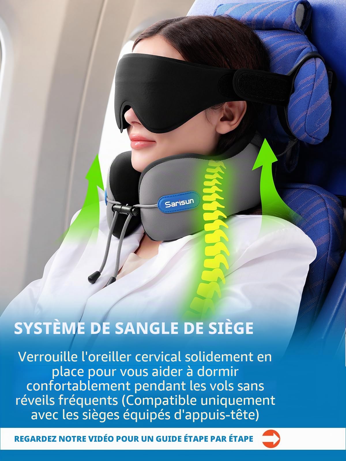 SARISUN Coussin de Voyage, Oreiller de Voyage Densité Memoire Forme et Sangle, Combiné avec Un Masque de Sommeil 3D, Coussin de Nuque pour Voyage Double pour Les Voyages en Avion et en Voiture Noir