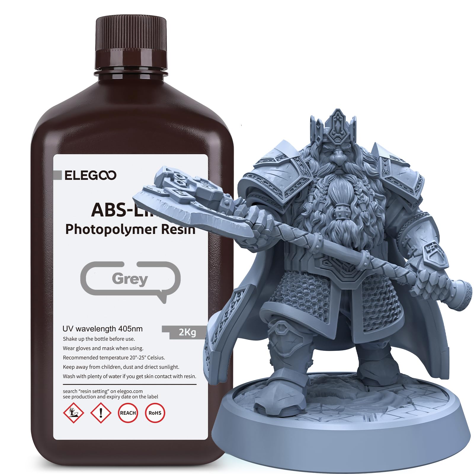 ELEGOO 405nm Żywica podobna do ABS, LCD UV Rapid Resin o wysokiej precyzji, nie kruch, nietoksyczny dla drukarki LCD/DLP 3D, żywica fotopolimerowa 2kg, szara