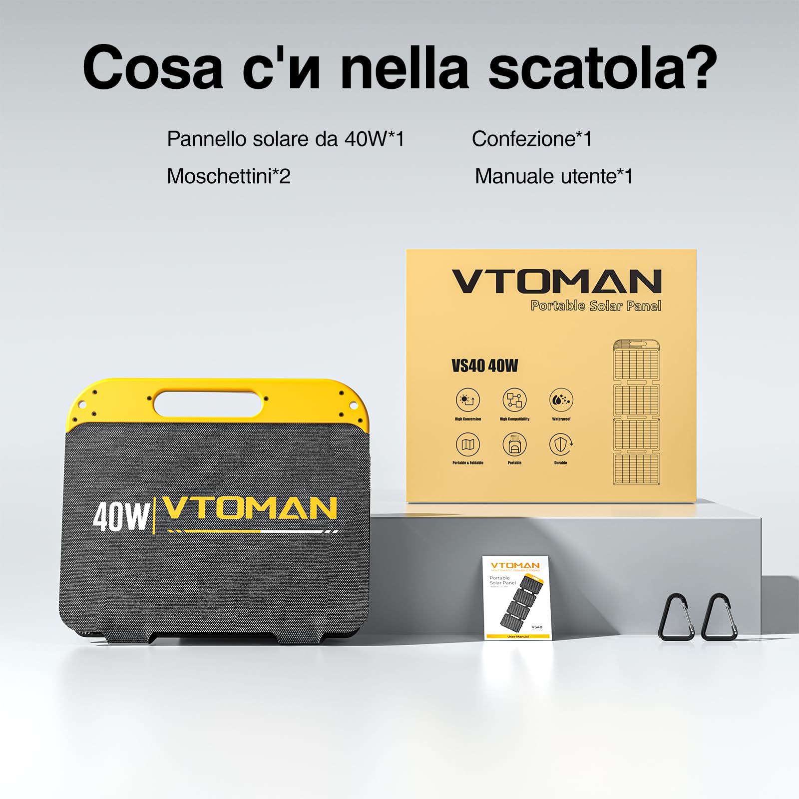 VTOMAN VS40 Portatile Pannello Solare da 40W, 13,9V, 25% Efficienza | Pieghevole Pannello Solare Impermeabile IP67 porte USB-A (Tipo C), PD30W, Leggero, Per Smartphone, Power bank