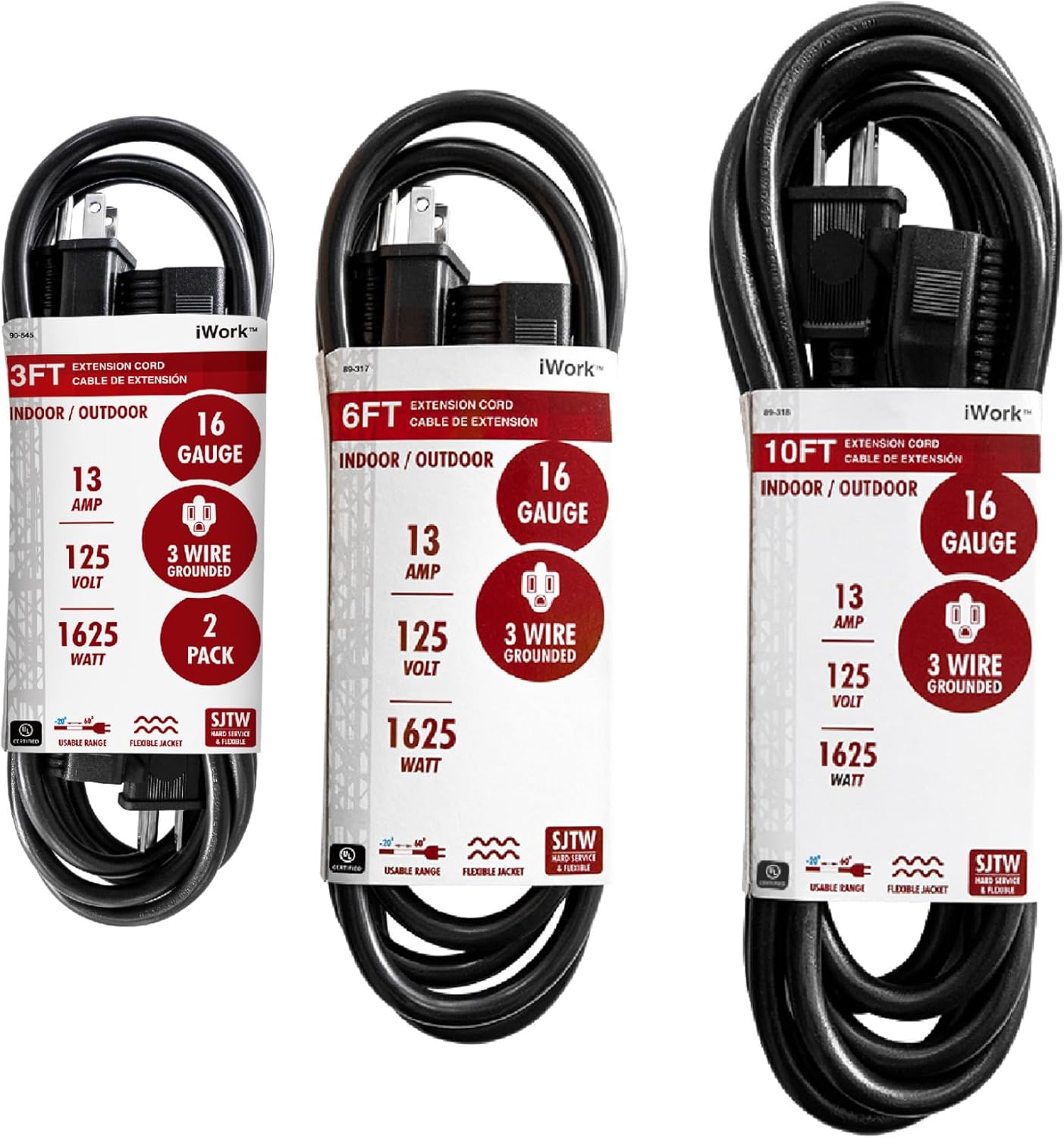 Set 3, 6 and 10 Ft Black Extension Cord 3 Prong, Weather-Resistant 16/3 SJTW, 1625 Watt, 13 AMP Rating with UL Listed for Indoor and Outdoor Uses
