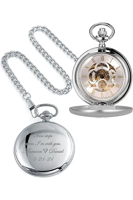 Custom Personalized Antique Mechanical Movement Silver Pocket Watch...
