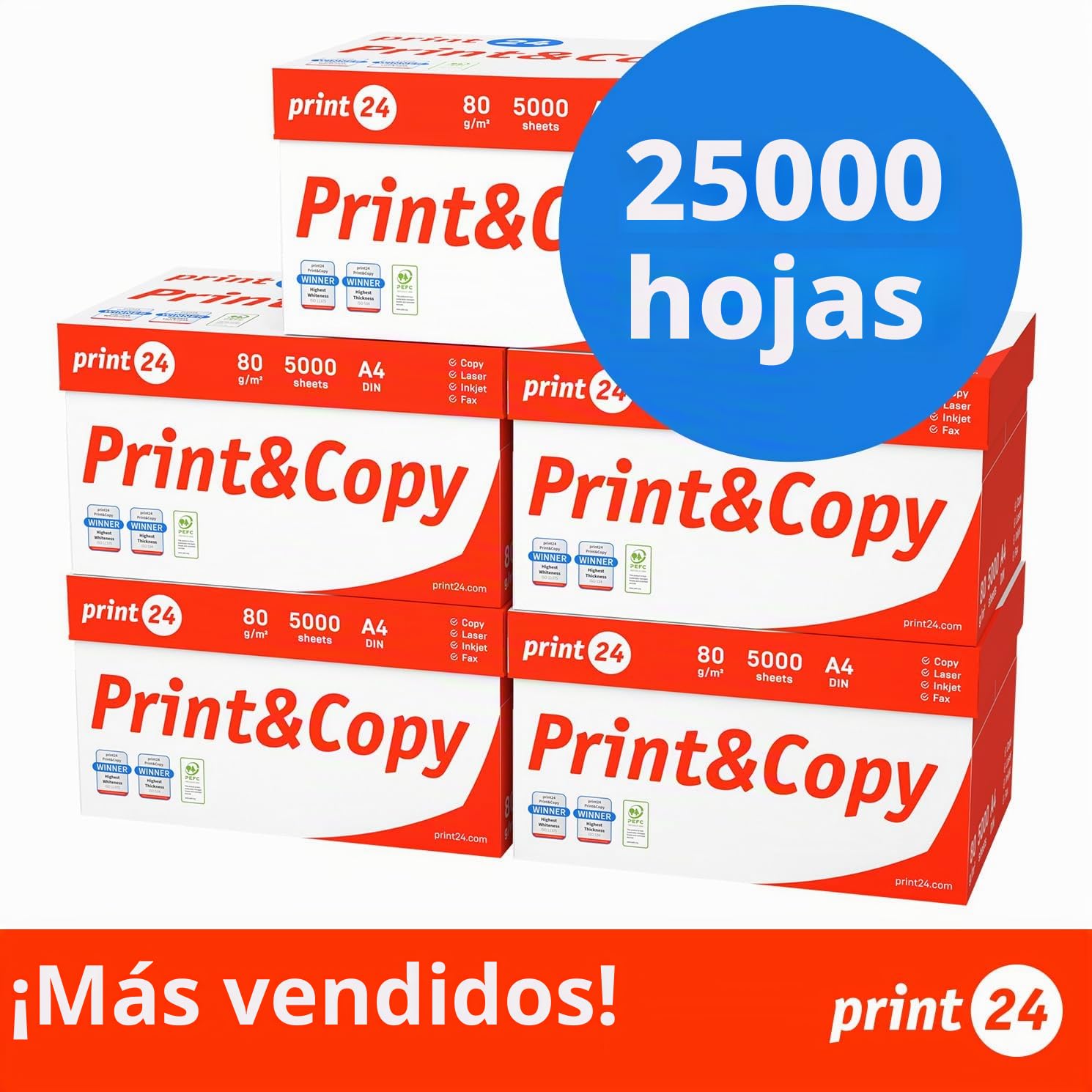 Papel multiusos para impresora, Folios A4, 80g, 25.000 Hojas, 50 Paquetes de 500, Color blanco, PEFC