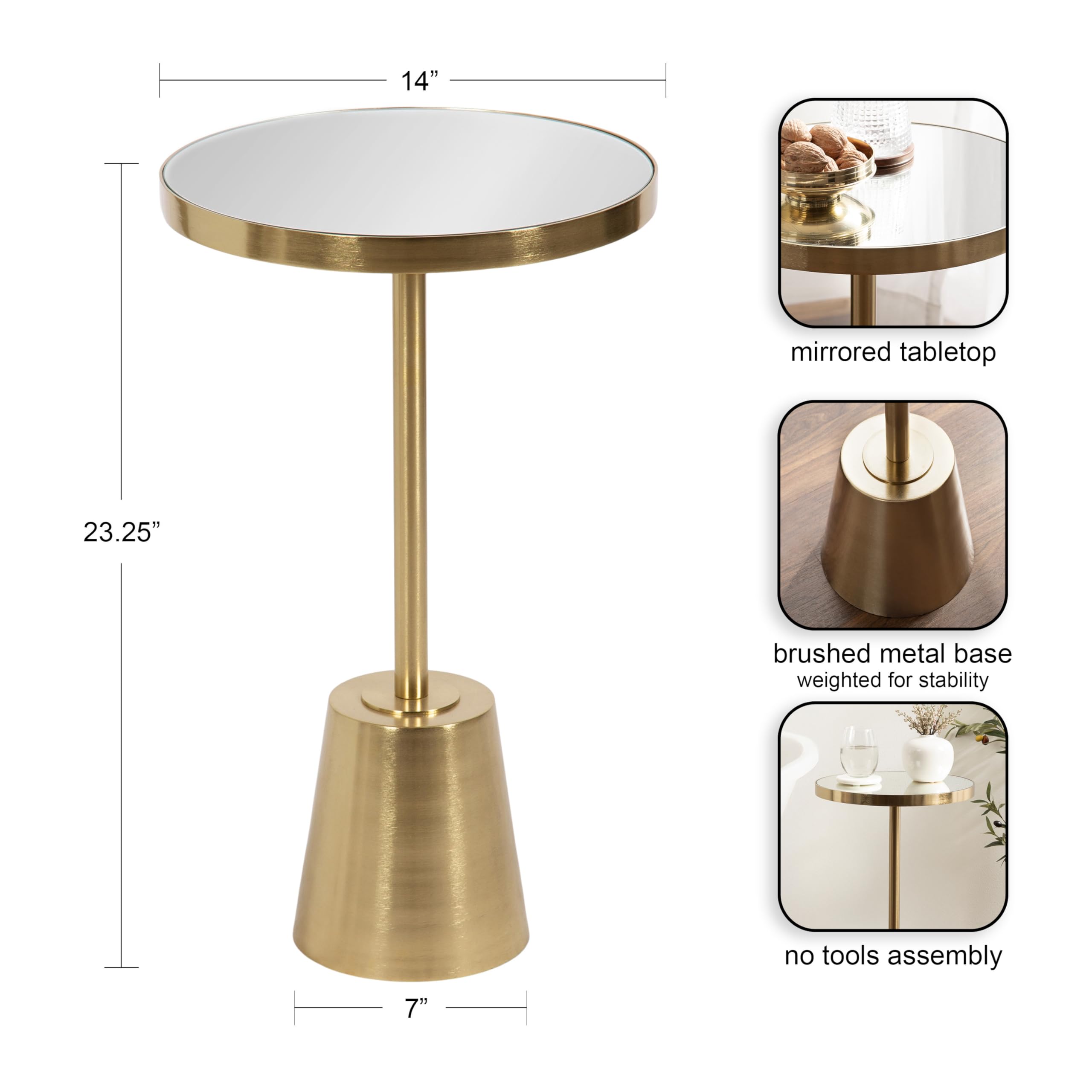 Kate and Laurel Tira Elegant Round Mirrored Side Table, 14 x 14 x 24, Gold, Modern Glam Circle End Table for Use as Bedroom Nightstand or Living Room Plant Stand Table