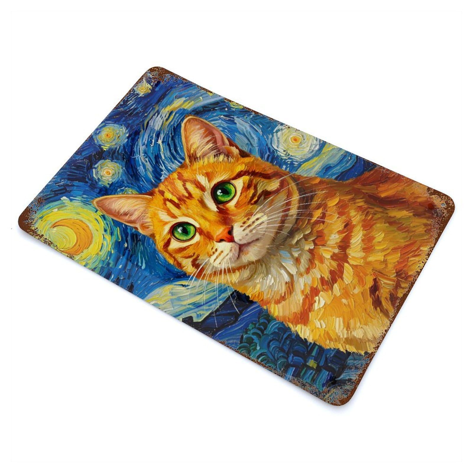 Garage Style Cat in Starry Night Style Rustic Tin Plaque 11.8"x7.9", Classic Wall Plaque for Bar And Workshop