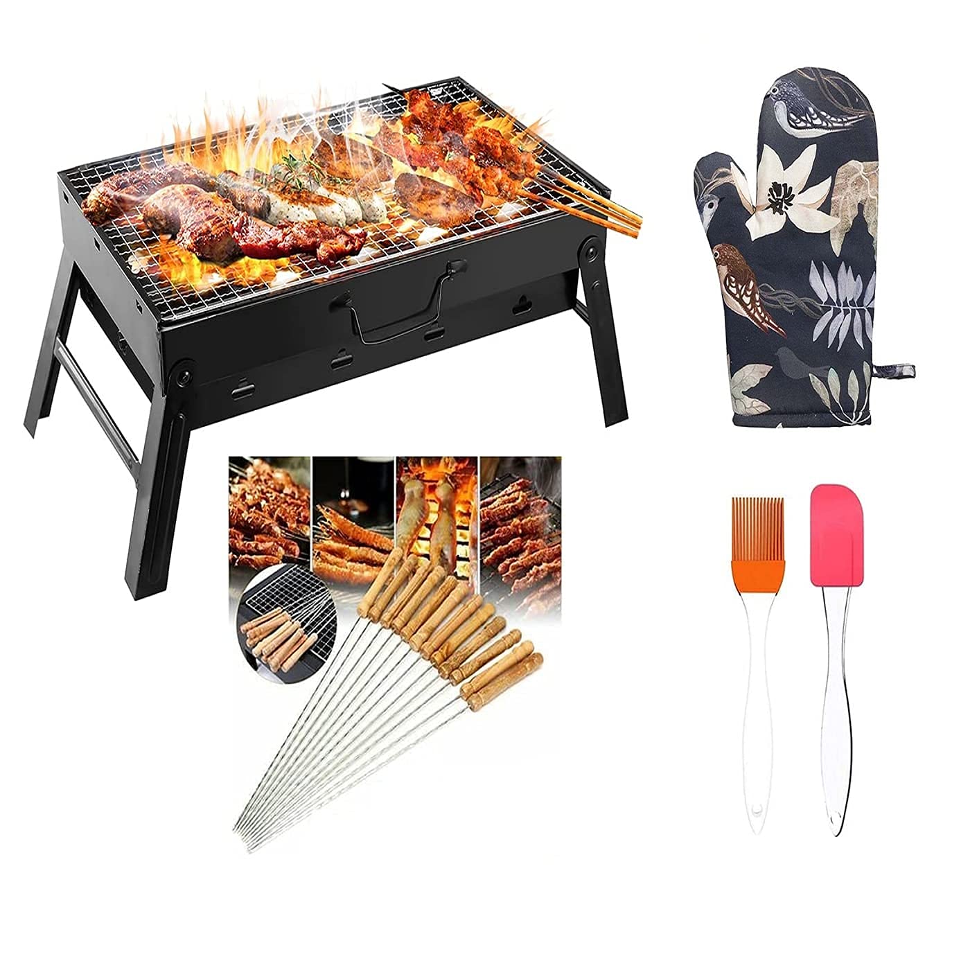 BVB mart Foldable Charcoal Barbecue and Tandoor Grill Stand for Outdoor Picnic Camping and Traveling (BBQ, Big 12-stick, Silicon Brush-Spatula, Gloves)
