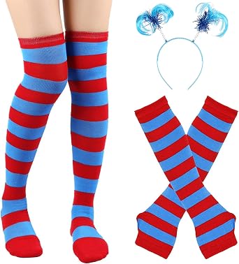 3pcs Costume Set Blue Headband Long Knee Thigh High Striped Socks for Halloween Thing 1 Thing 2 Cosplay Party