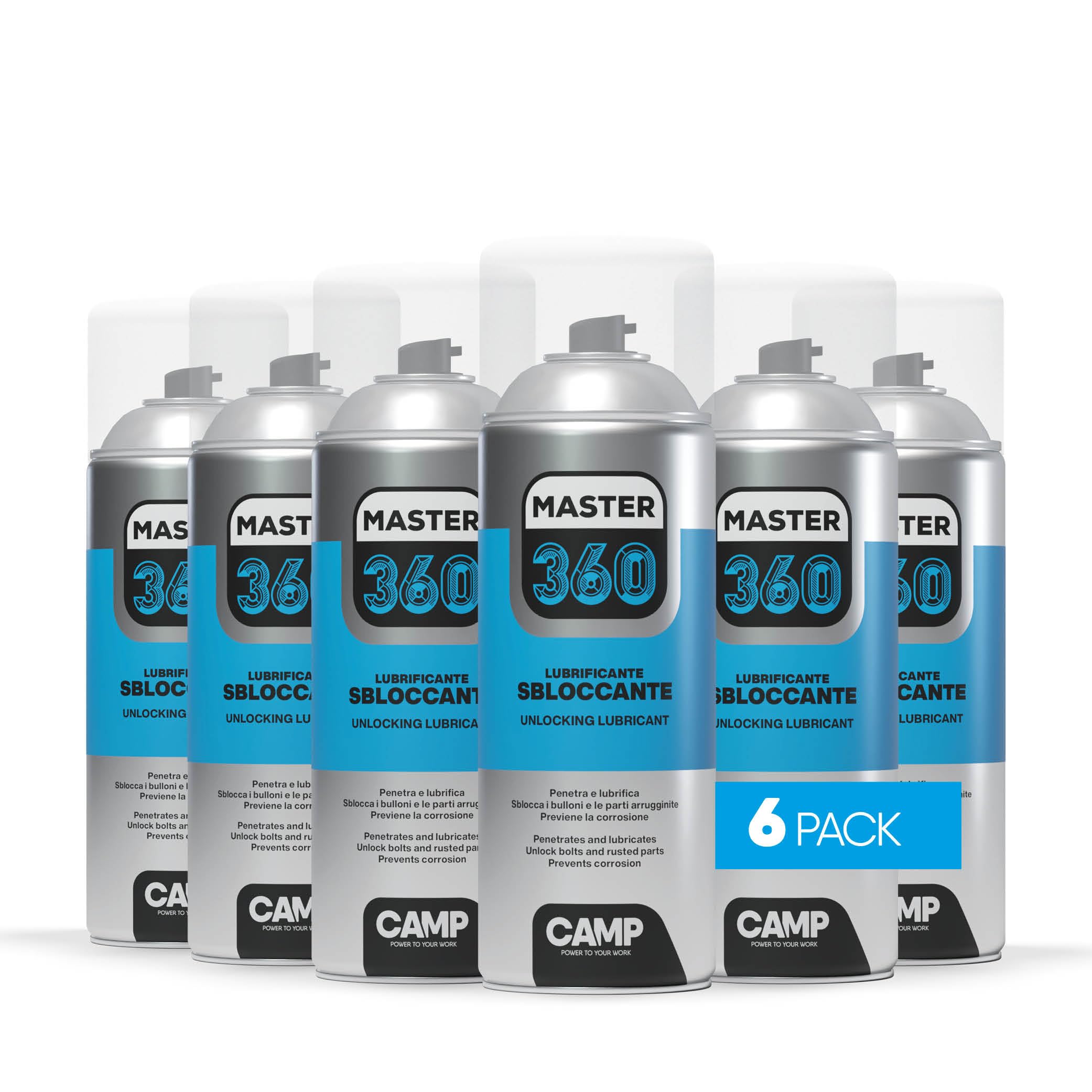 CAMP Master 360- Lubrificante Supersbloccante Spray Elevato Potere Penetrante, Ottimale per Lubrificare Viti Bulloni e Dadi, Protegge da Umidità, Ruggine e Congelamento, 6x400ml