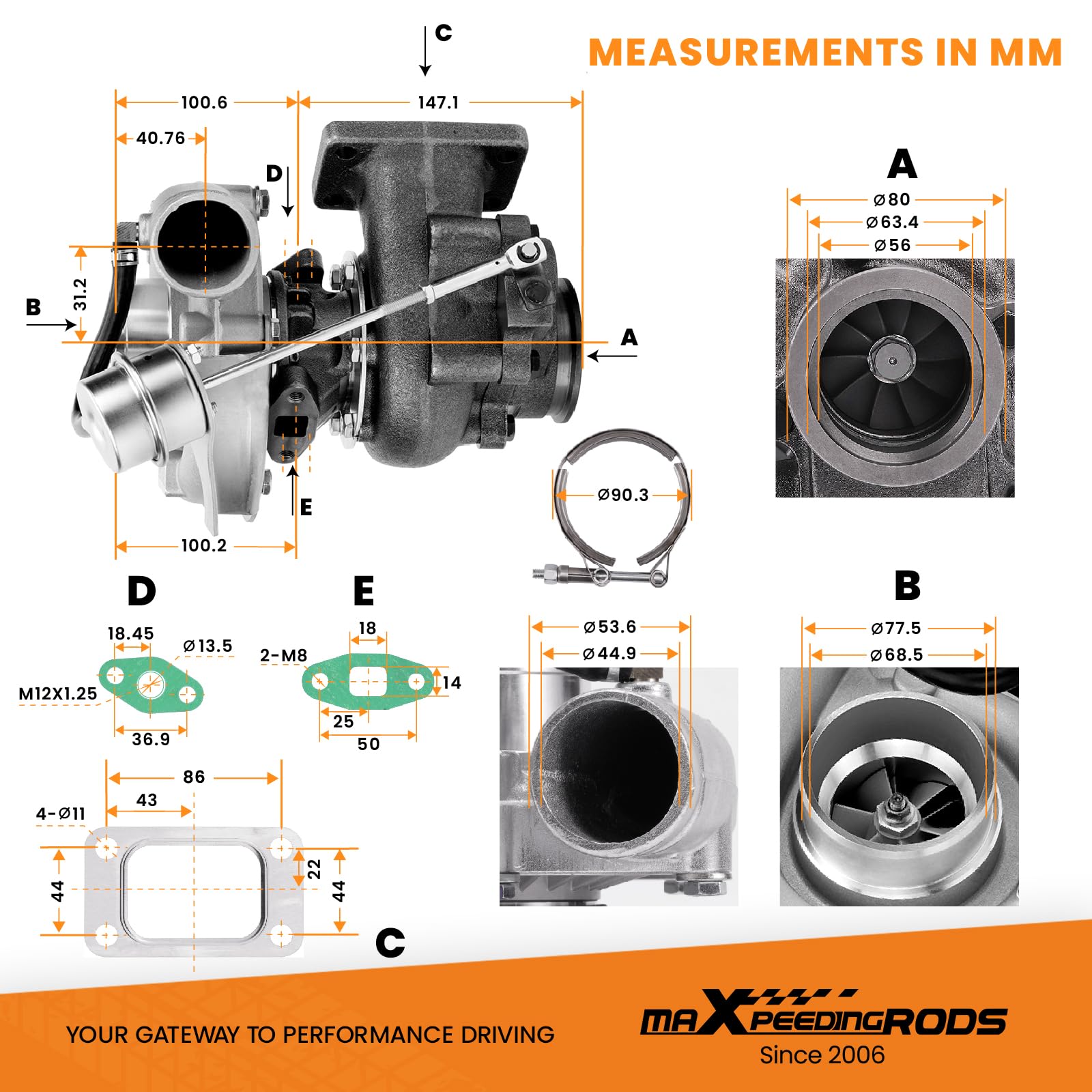 maXpeedingrods Turbocompressore T3 T04E per Audi/VW 1.8T VR6 | A/R .63 V-Band, universale (4/6 cilindri)