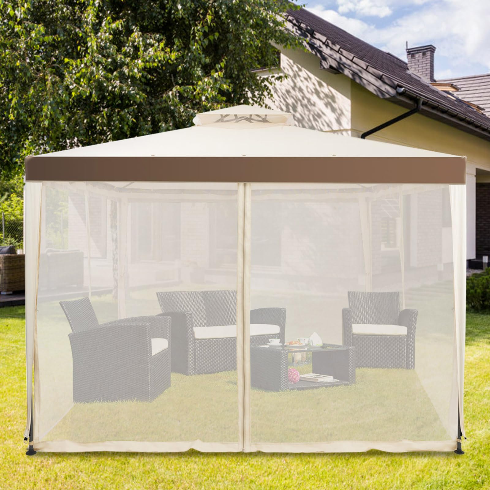 COSTWAY Gazebo da Giardino 3 x 3 m, Gazebo da Esterno con Zanzariera, Doppio Tettuccio e 4 Tendine Poliestere Laterali, Impermeabile, Struttura in Metallo, per Giardino, Patio e Cortile (Beige)