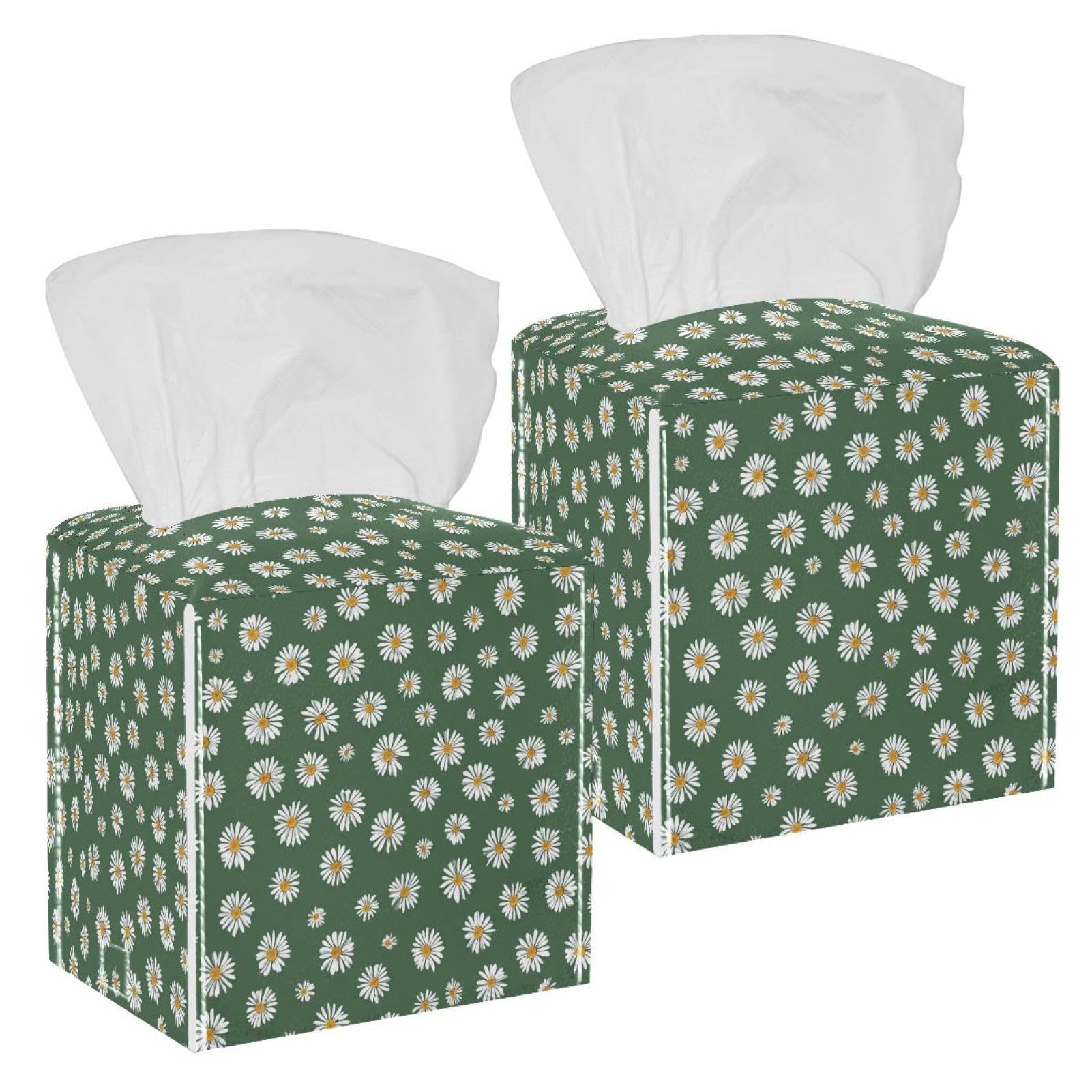 Daisy Tissue Box Cover, 2 Pack PU Leather Square Facial Tissue Dispenser Box holder for Home Office Car