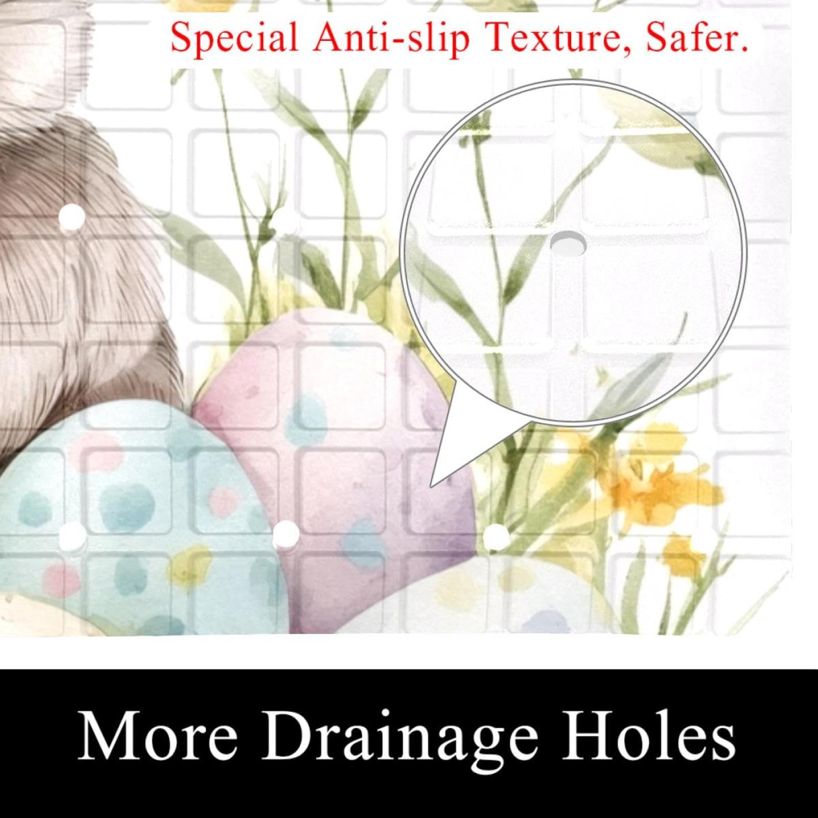 Badematte für Badewanne, Motiv: niedliche Osterhaseneier und Frühlingsblumen, rutschfest, rechteckig, Badematte mit Saugnäpfen, maschinenwaschbar, Badezimmermatte, 39,9 x 70,9 cm