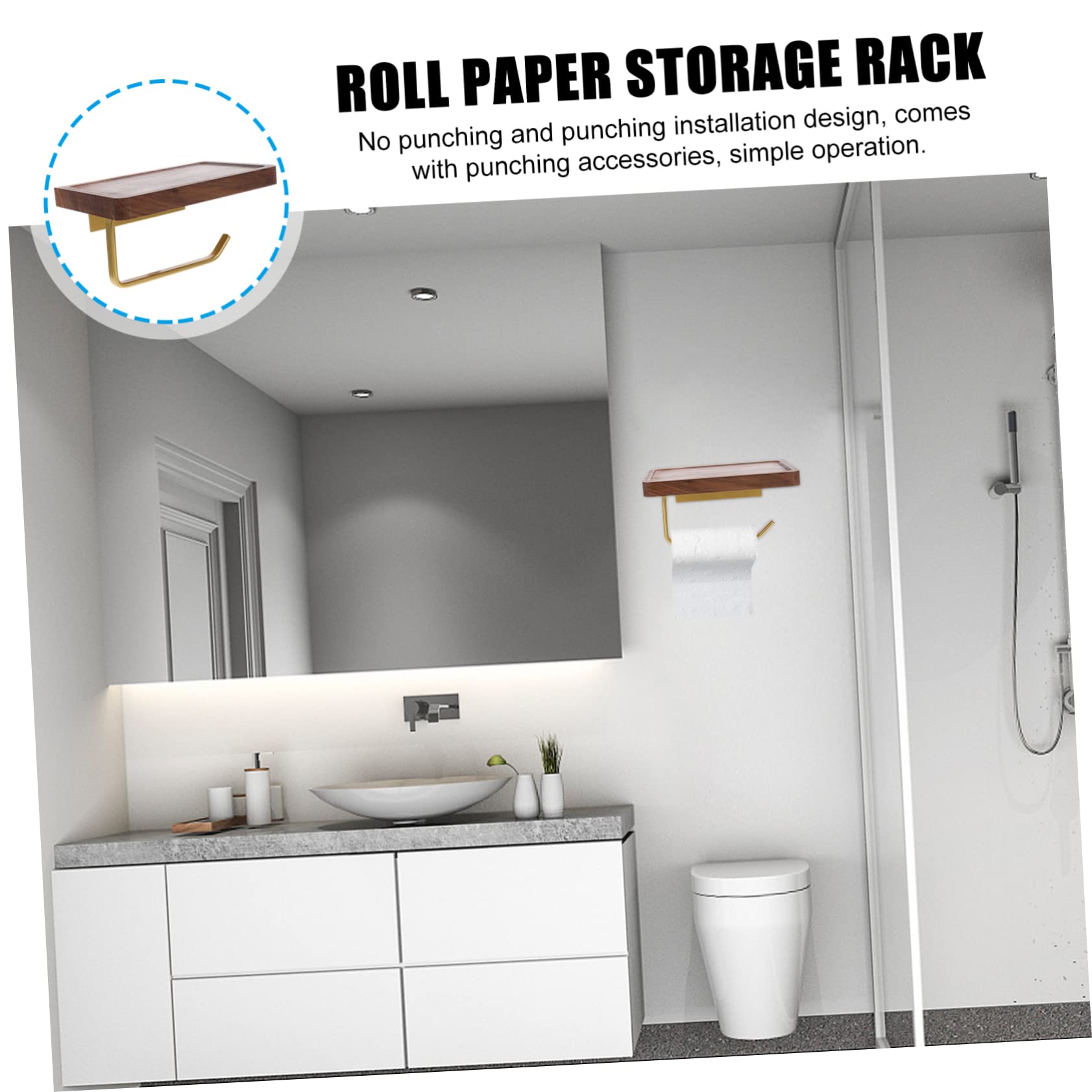 Portarrollos de Papel Higiénico para Estante de Nogal Negro, Instalación sin Taladro, Resistente al Agua y Gran Capacidad Baño y WC