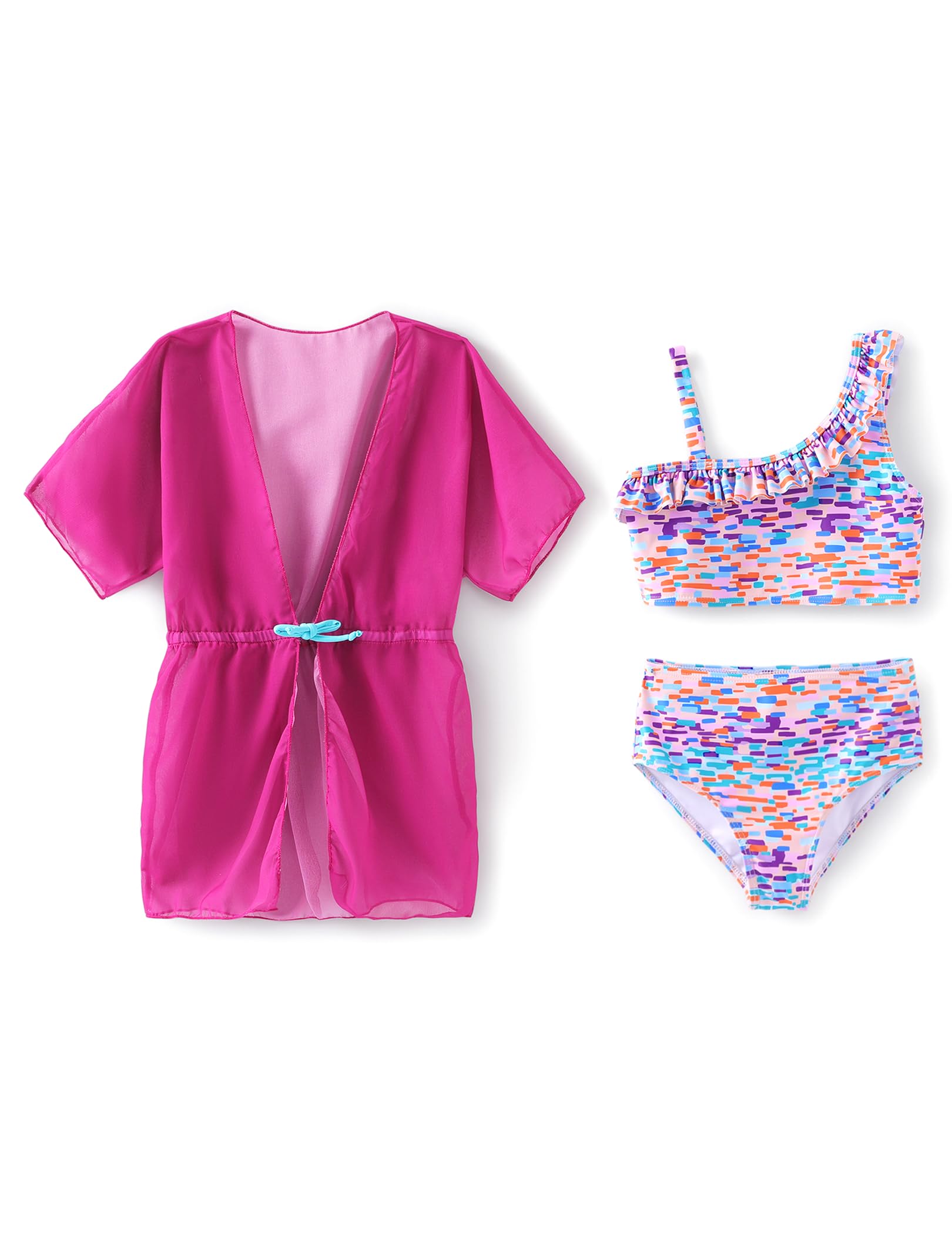 PATPAT Conjunto de bikini de 3 piezas para niñas, traje de baño bonito con cobertura de kimono de secado rápido para 5-12 años