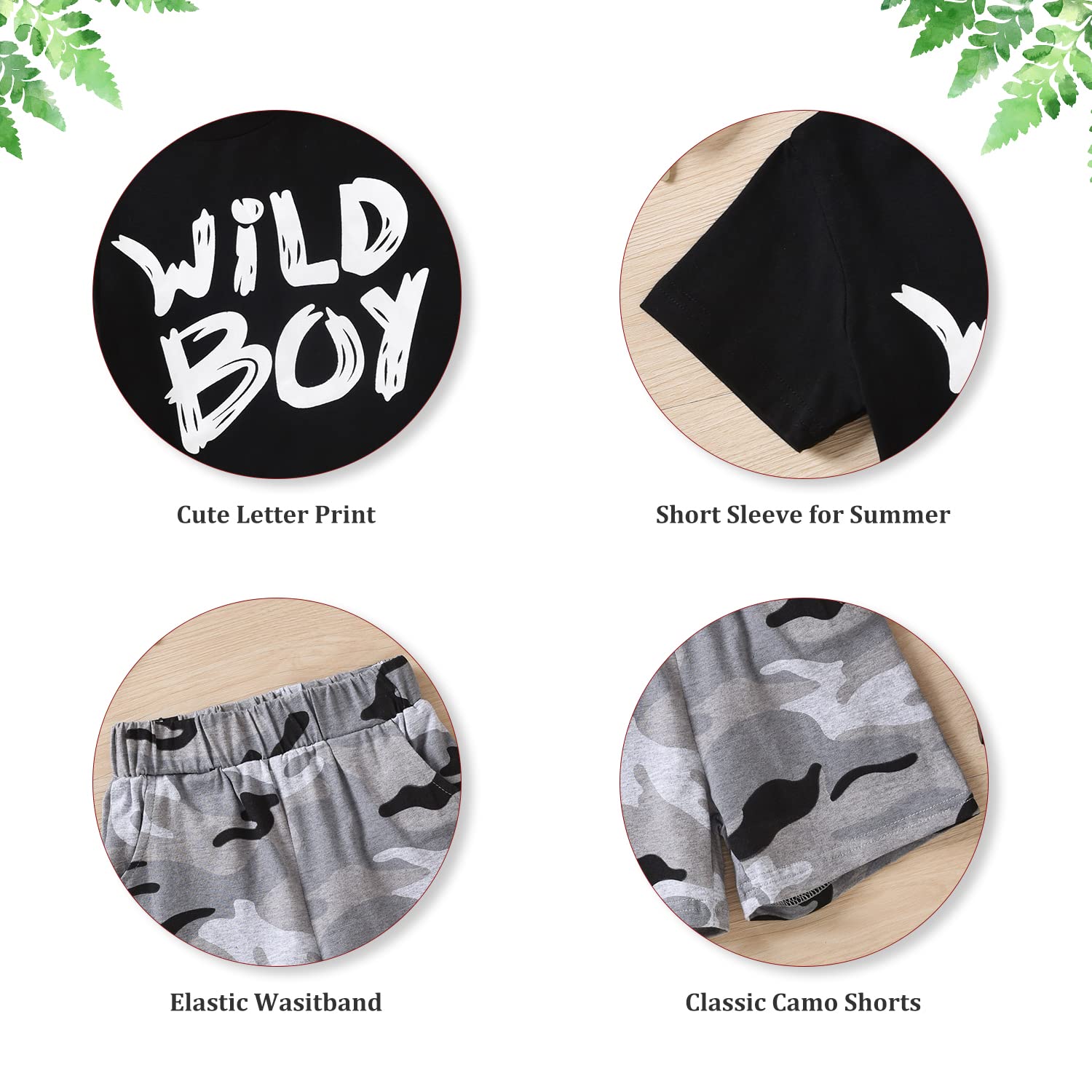 fioukiay Toddler Boys Summer Clothes Infant 3T Boy Outfit Wild Boy Short Sleeve T-Shirt with Camouflage Shorts Clothing (Black 02, 3T)