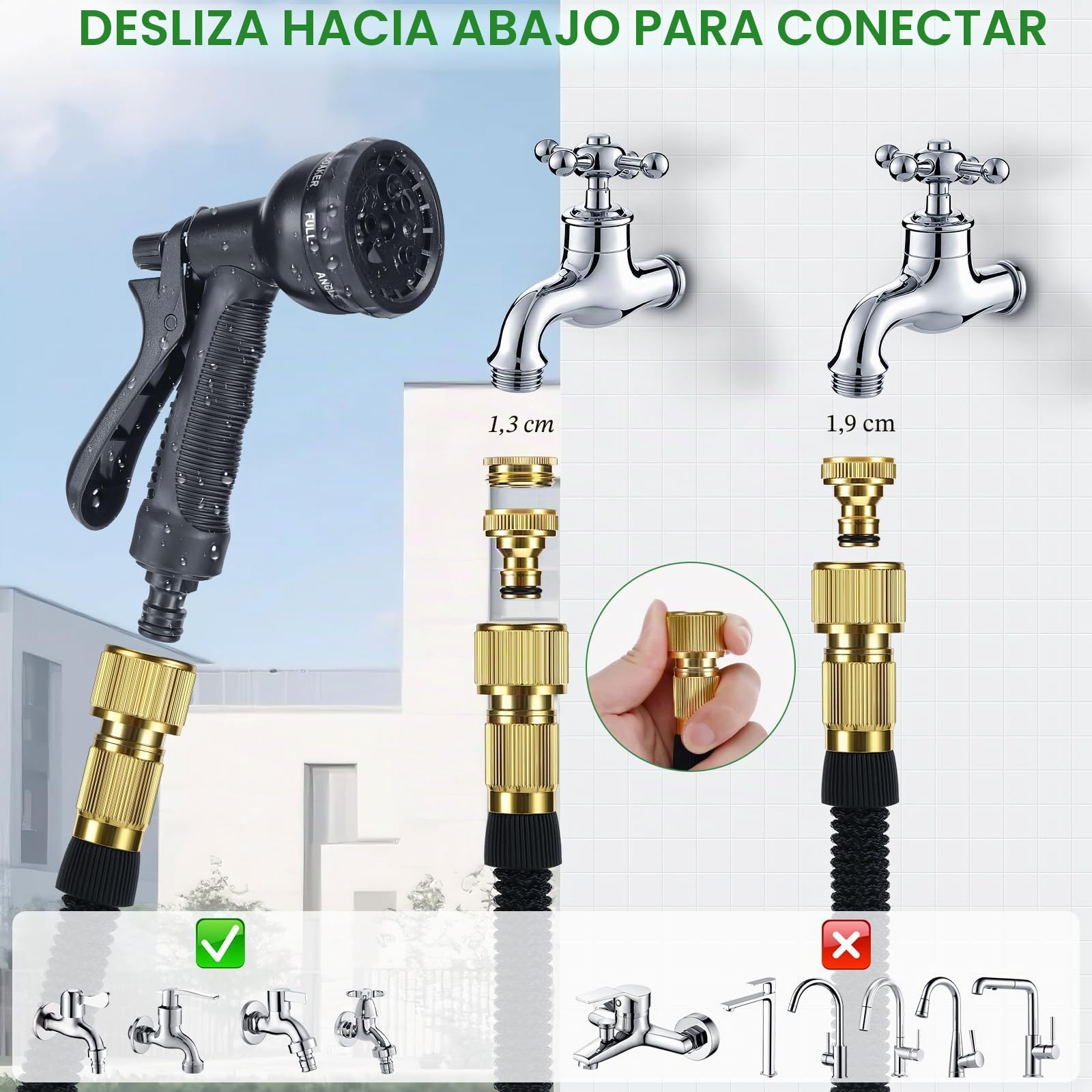 Manguera Extensible 30m, Mangueras Jardineria Flexible con Pistola Rociadora de 8 Funciones y Conectores de Latón de 1/2 y 3/4 Pulgadas, para Jardín Grande, Lavado Coche Casa, Negro