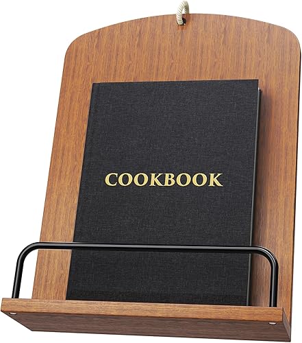Soporte de madera para encimera de cocina, soporte para libros de cocina marrón rústico que se adapta a exhibición colgante o de encimera, soporte