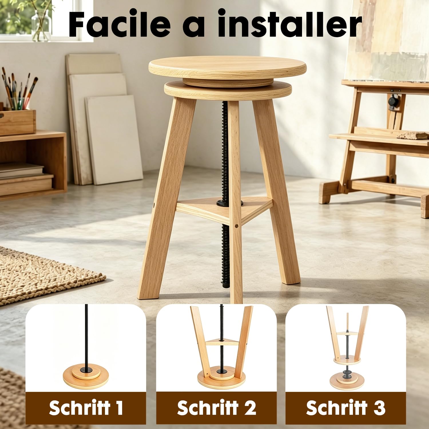 Höhenverstellbarer Zeichnerhocker aus Holz, Künstlerhocker, Hocker für Büro und Atelier, bis zu 100 kg, deutsches Buchenholz, ideal für Künstlerateliers, den privaten Gebrauch, die Küche und Bars