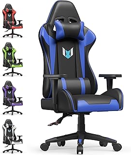 bigzzia Gaming Chair Office Chair,155 Degree PU Leather Ergonomic Office Chair with Lumbar Cushion&Headrest&Fixed Armrest,Gaming Chair Gaming Seat Adult Young Boy Girl (Blue)