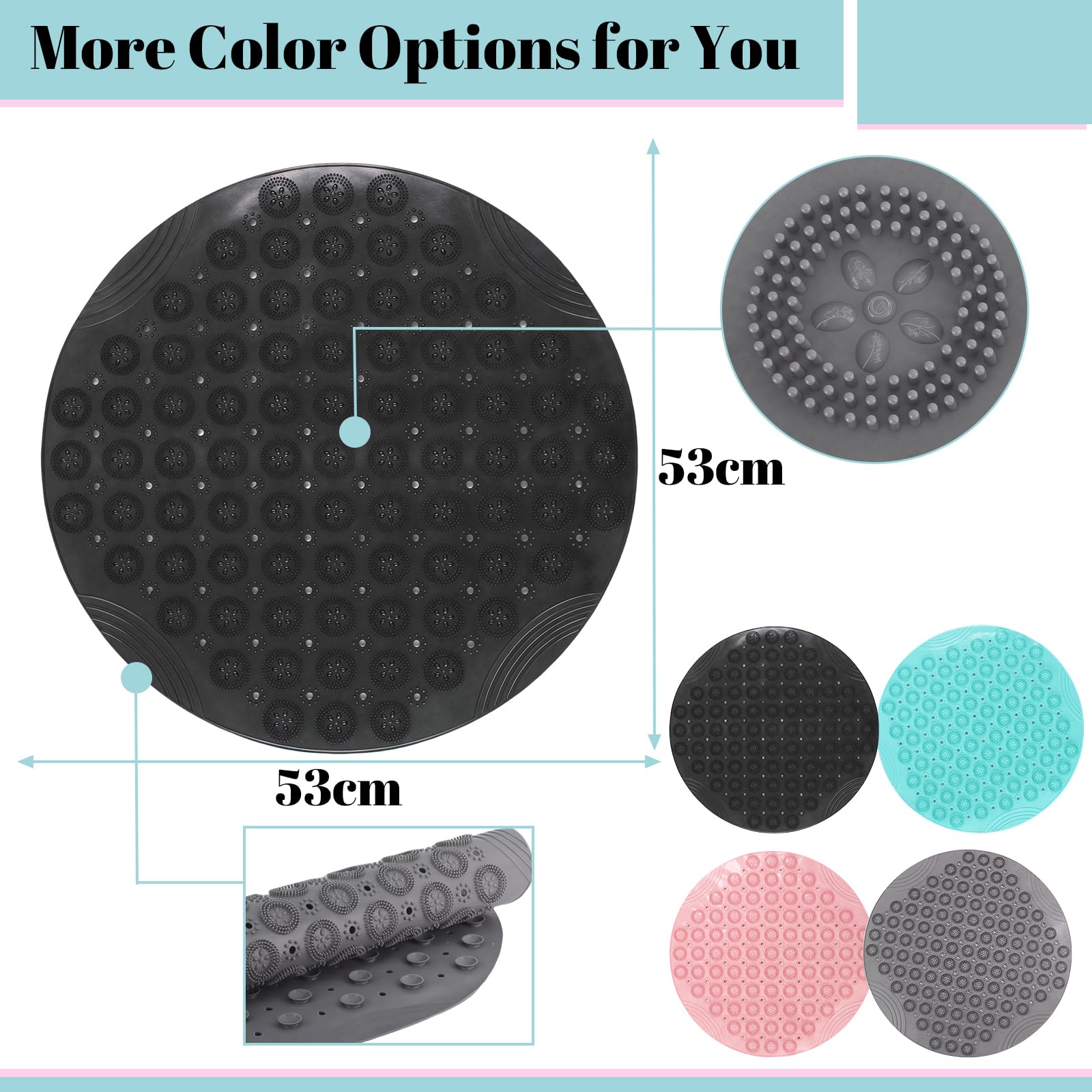 Shower Bath Mat 53x53cm,Extra Round Shower Mat Anti Mould Bath Mats Black,Non Slip Bath Mat for Tub,Shower Mats with Suction Cups,Drain Holes,Machine Washable Bathroom Bathtub for Kids,Elderly - Image 2