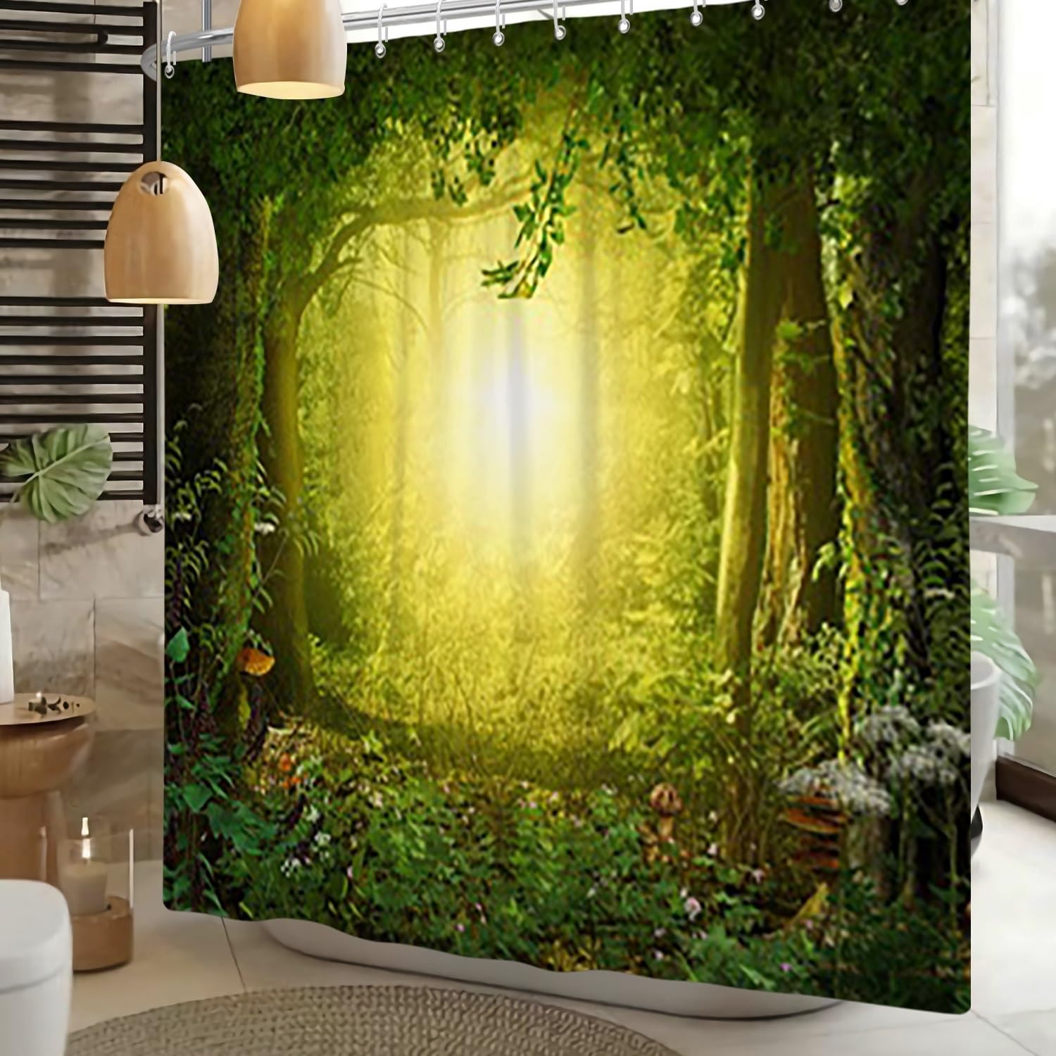 Xiaoterna Fairy Tale Fantastic Forest Shower Curtain Fantastic Woodland Jungle Bathroom Curtain Natural Landscape Sunrise Bokeh Shower Curtain Machine Washable Waterproof Fabric 180x240cm - Image 2