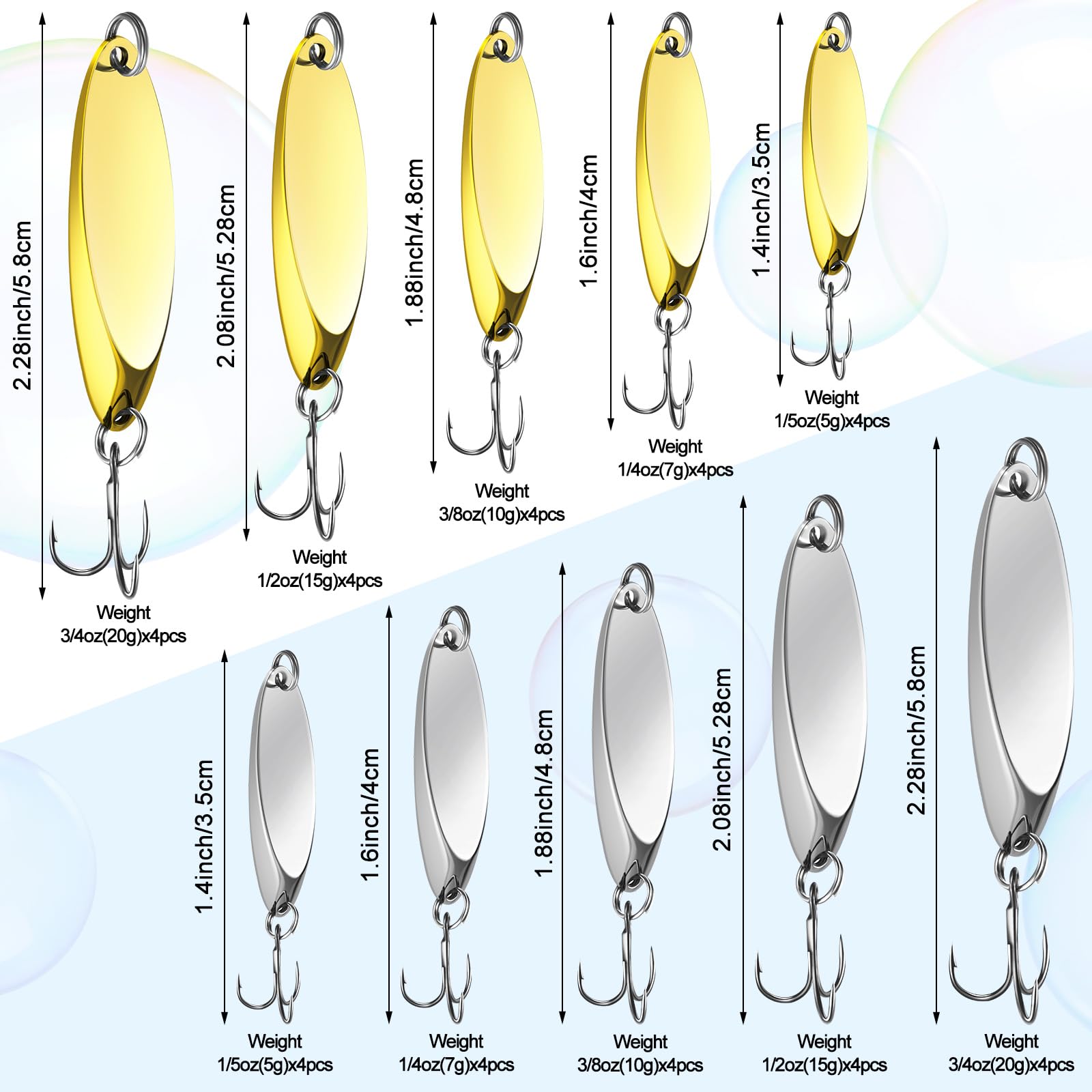 HESTYA Fishing Lures Fishing Spoons Saltwater Treble Hooks Lures Hard Metal Spinner Baits 5 Sizes Casting Spoon Lures for Salmon Bass in 1/5 oz 1/4 oz 3/8 oz 1/2 oz 3/4 oz