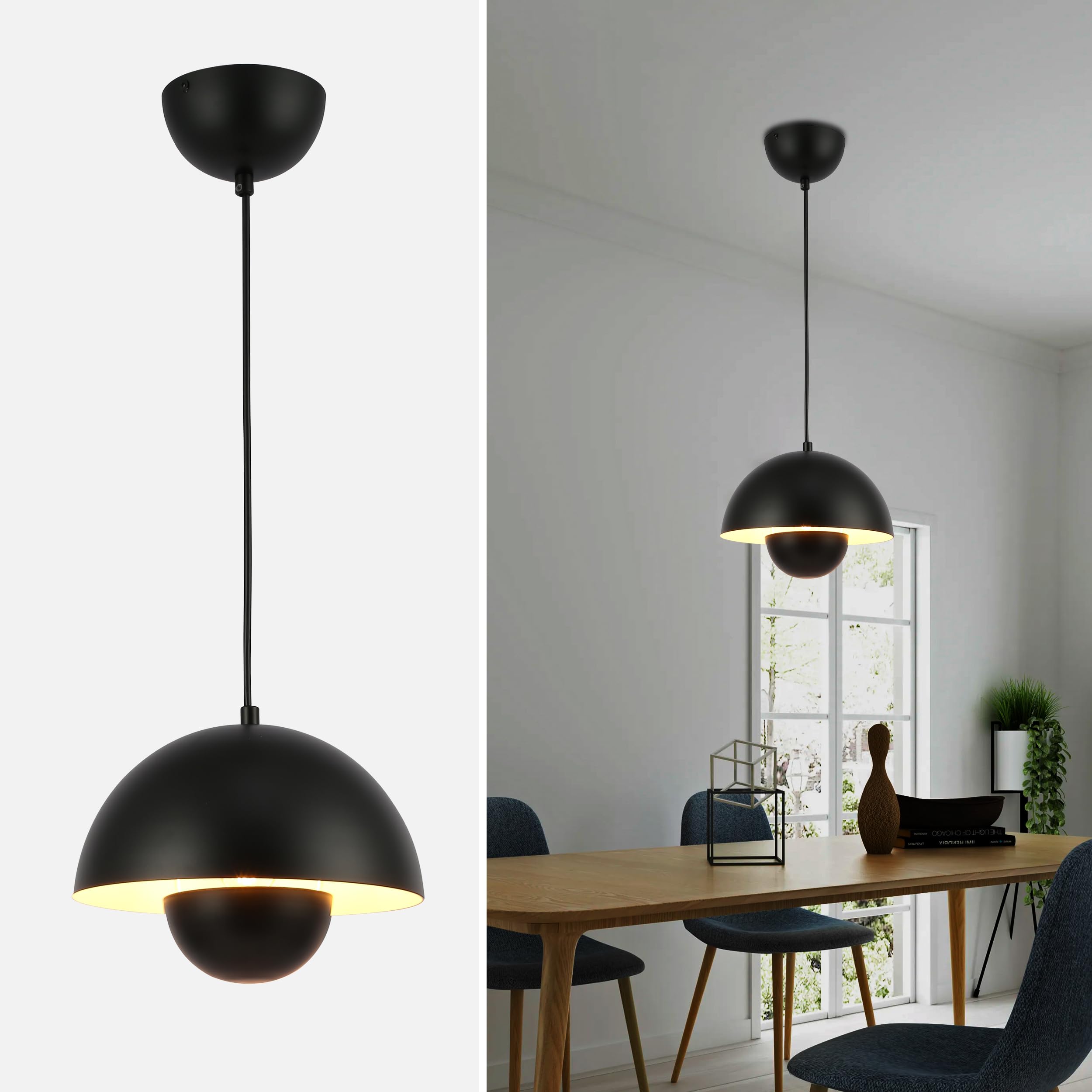 SUNLLOK Modern Black Pendant Light, Round Metal Pattern Minimalist Downward Dome Shade Ceiling Hanging Lamp, Industrial Chandelier for Kitchen Island, Dining Room, Living Room