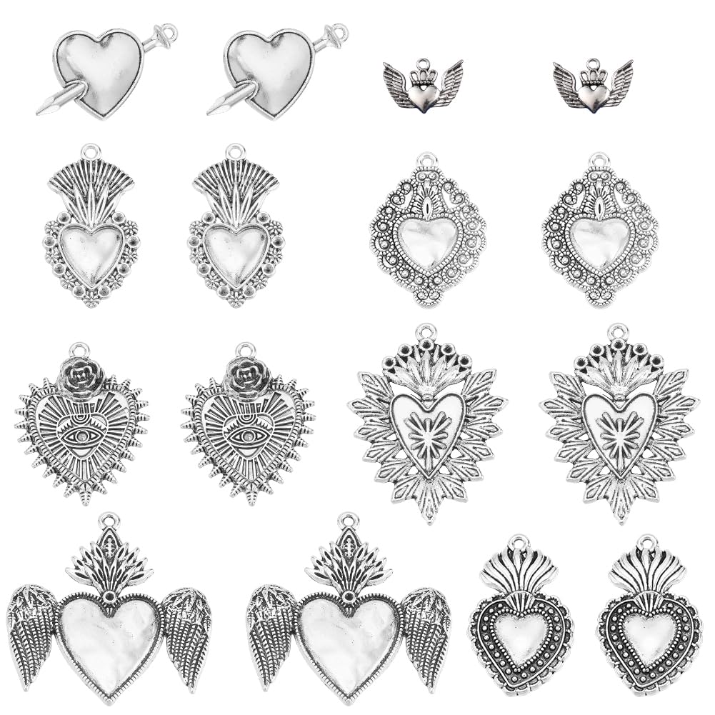SUNNYCLUE 1 Box 16Pcs 8 Styles Gothic Heart Charms Sacred Heart Charms Bulk Tibetan Silver Alloy Wings Holiday for Jewellery Making DIY Necklace Bracelet Earring Halloween Decoration