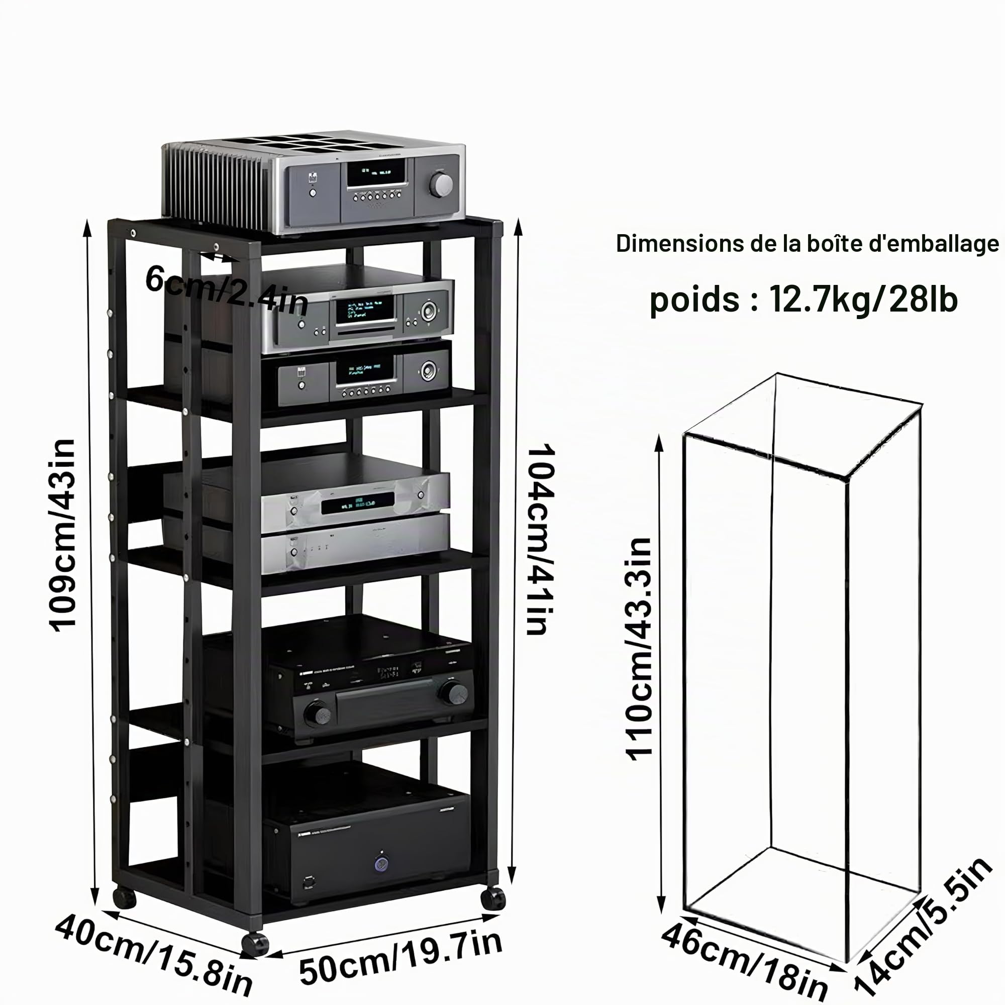 Meuble Chaine Hifi Multimédia 5 Niveaux, Support AV Mobile, Étagère pour Console Tourne-disque