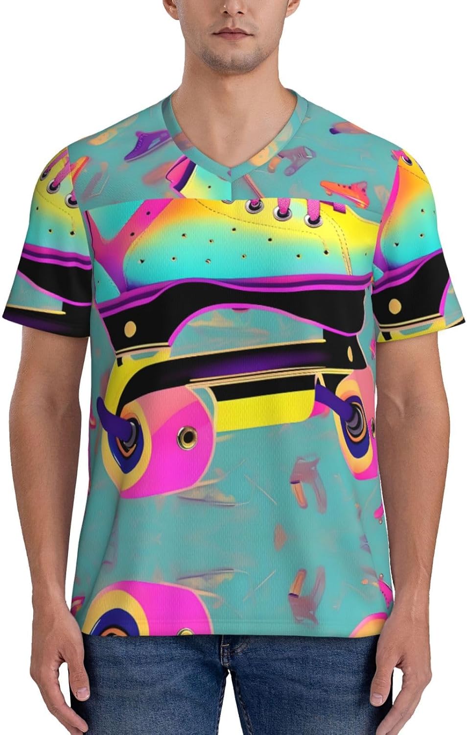 Colorful Roller Skates Rugby Football Jersey for Men, Comfortable V-Neck Loose Fit Top for Team Sports Athletics