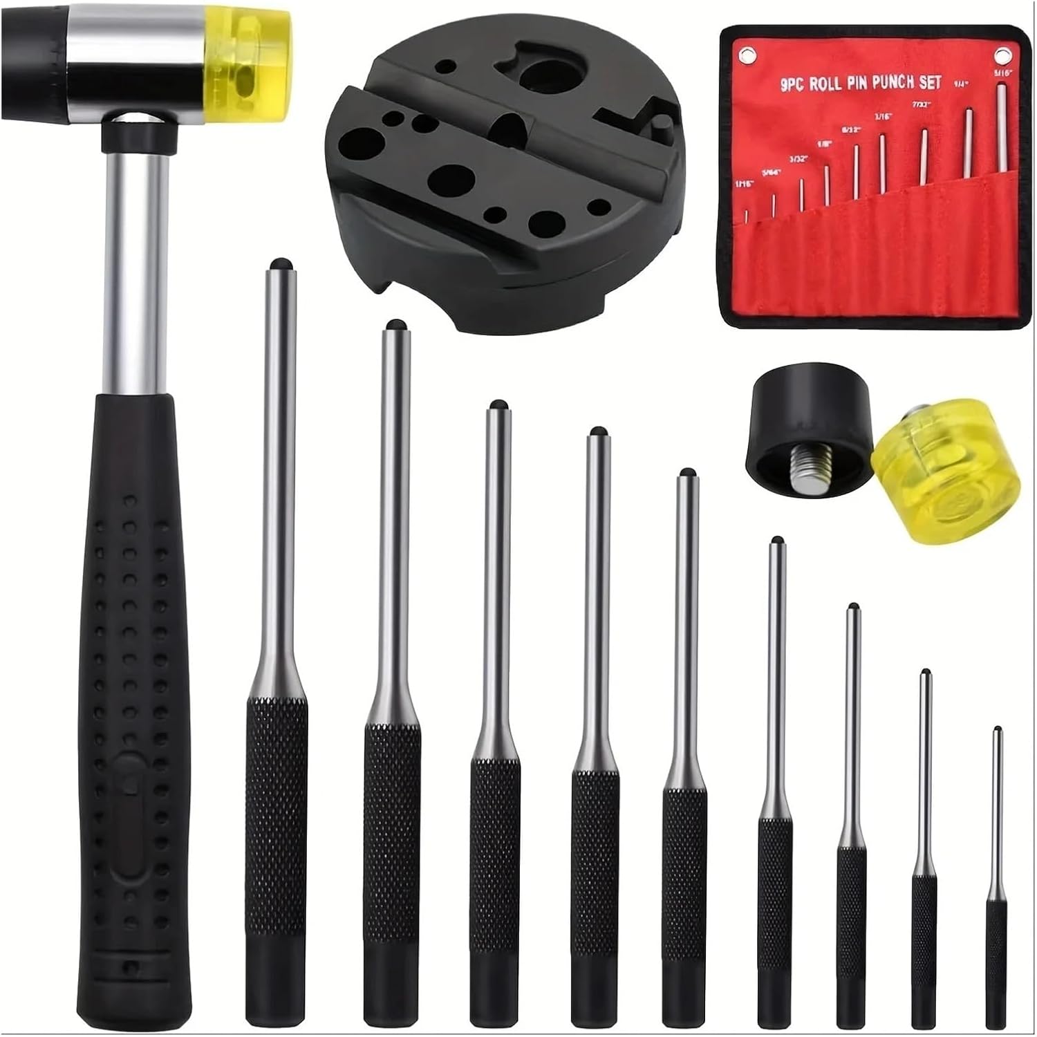 13-Piece Roll Pin Punch Set with Bench Block, Hammer and Storage Pouch – Workshop Repair Tools for Smithing and Precision Alignment