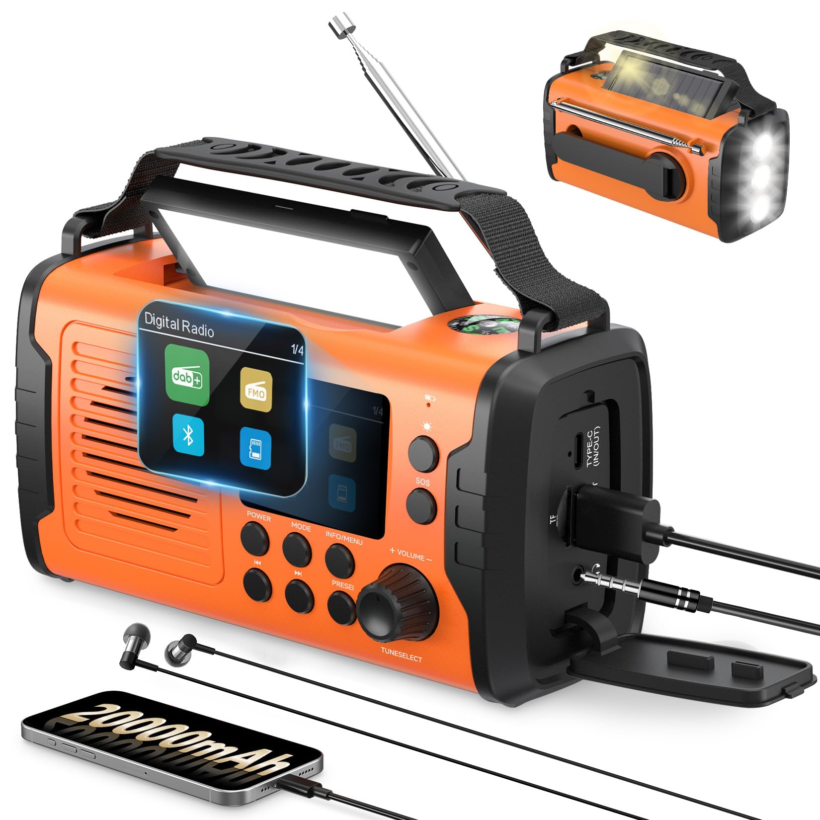 20000mAh Radio Survie Dab+ FM, Radio Solaire Portable Bluetooth avec Réveil, Alarme SOS d'urgence, Lampe de Poche Et Lampe de Lecture de Lampe de Lecture & Lampe Torche LED (Orange)