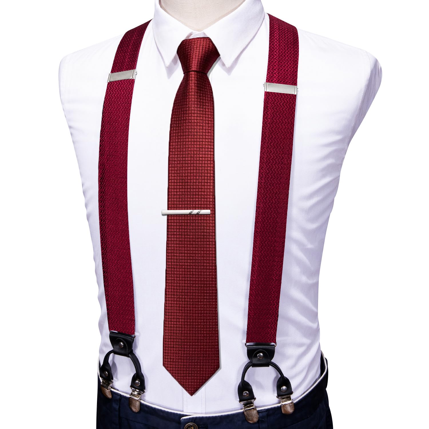 Barry.Wang Men Suspender Tie Sets Elastic Heavy 6 Clips Hanky Cufflink 5PCS | Classic Suspender Set for Man Necktie Y Type Adjustable Heavy Duty 6 Clips Braces Pocket Square Cufflinks Party
