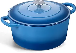 Onader Enameled Cast Iron Dutch Oven Pot with Lid, 7 Quart Round Dutch Oven for Bread Baking, Heavy Duty Large Cast Iron Pot - Blue