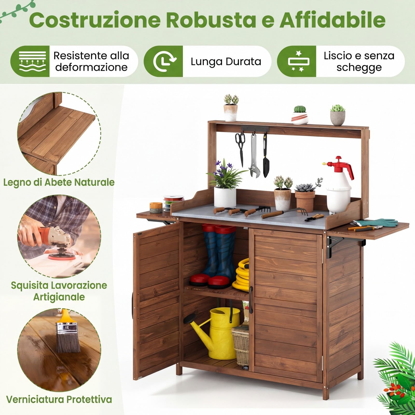 COSTWAY Tavolo da Giardino con Piano Zincato Impermeabile, Mensole Pieghevoli, Ripiano Regolabile, Ganci e Armadietto, Banco per Giardinaggio in Legno da Esterno, 138 x 47 x 128 cm