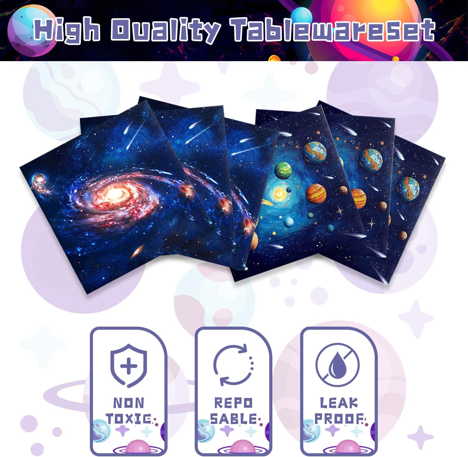 100Pcs Space Party Decorations Galaxy Planet Outer Space Party Decorations Disposable Plates and Napkins for Kids Space Solar System Planets Baby Shower Space Birthday Decorations - Image 4