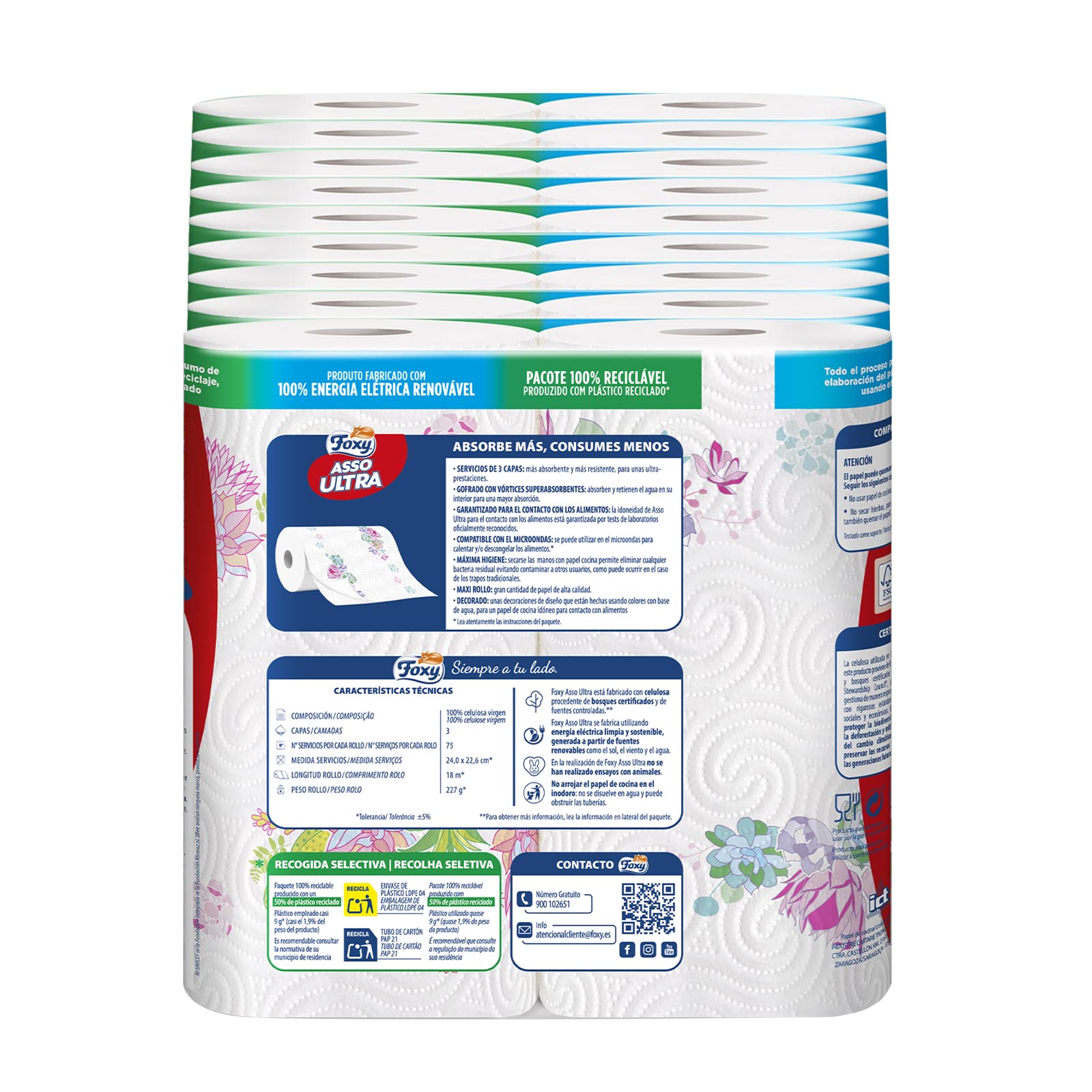 Foxy Asso Ultra Papel Cocina, 18 rollos, 3 capas Absorbentes, con diseño, Certificación FSC, Energía eléctrica renovable, Paquete reciclable producido con plástico reciclado