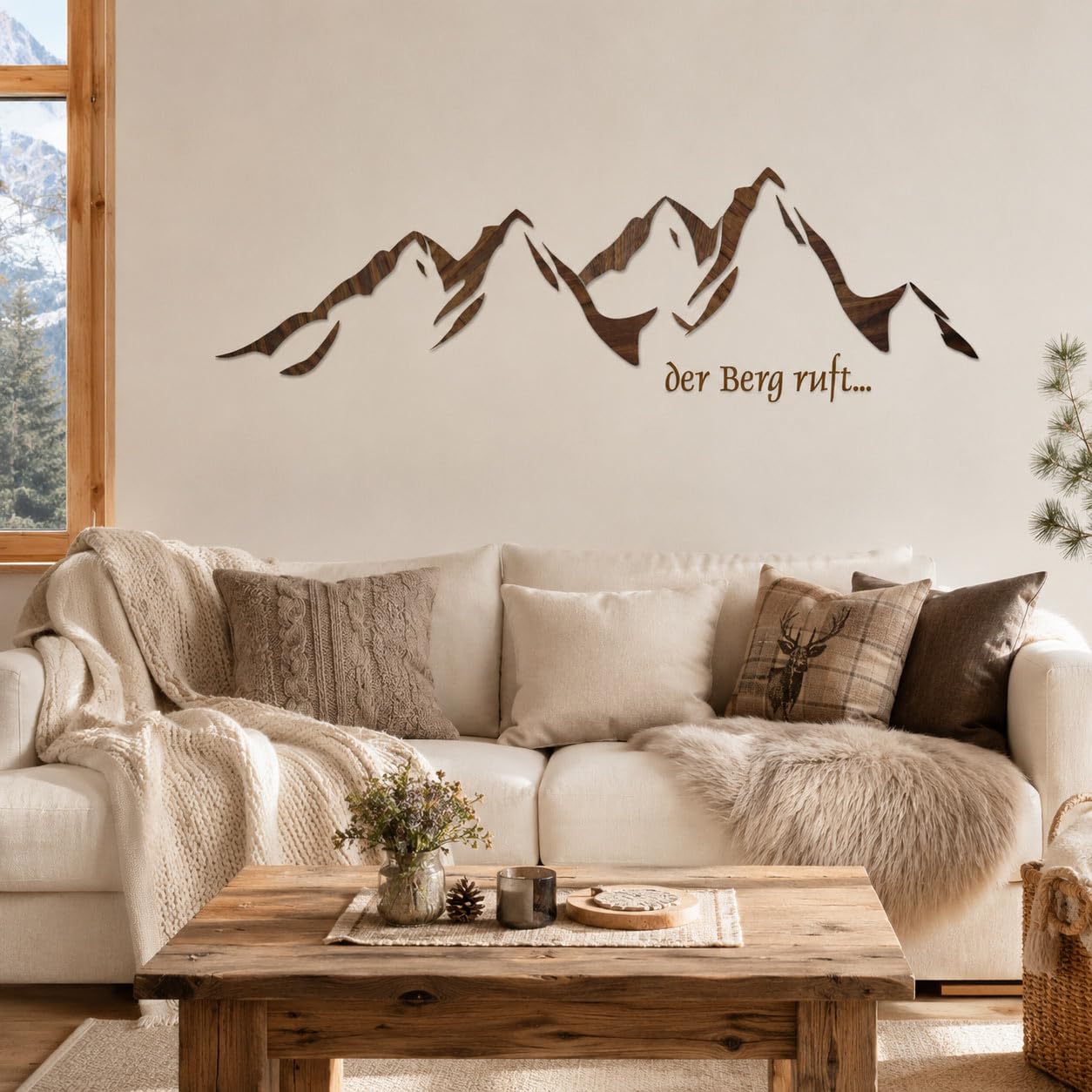 LAVICO|M Wanddekoration aus Holz, Der Berg ruft, Berg Silhouette, Holzdekoration, Wanddeko, Wohnzimmer, Alpen, Berge, 3D Bergpanorama – 120 cm (B)