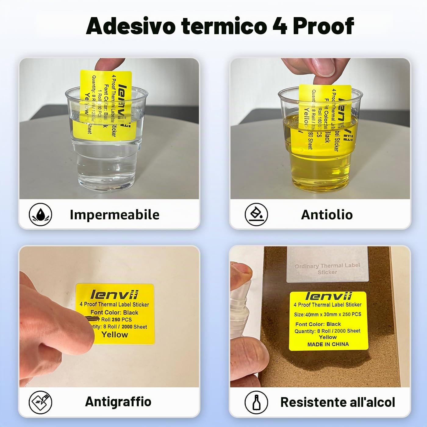 LENVII 40x30mm Giallo Etichette Termiche,2000 Fogli, per Stampanti Termiche | 8 Rotoli × 250 Pezzi, Resistenti a Strappi, Acqua,Olio,Graffi Etichette Adesive Multiuso per casa, Stampa nitida e scrivibile