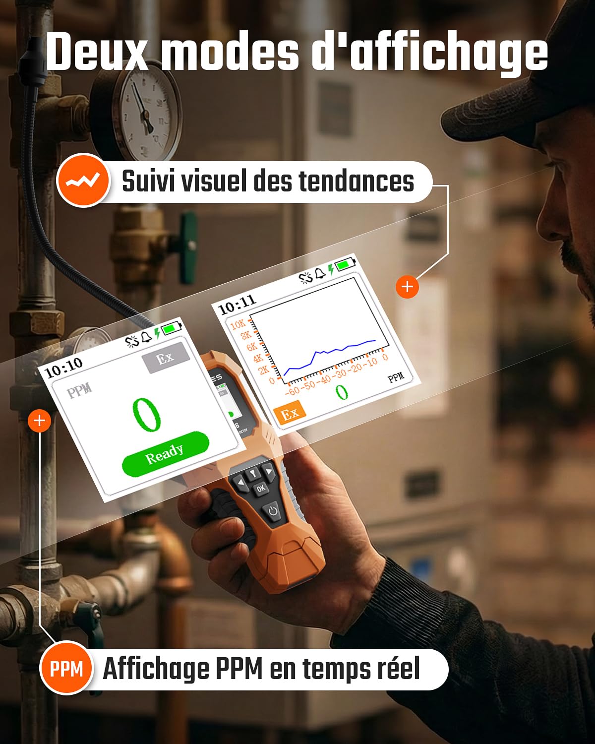 TopTes PT-356 Détecteur de gaz Rechargeable avec col de Cygne de 25 cm, Plage 0-20% LEL, système d’Alarme Triple, détecteur de Fuite de gaz à Double Affichage pour méthane, Butane, Propane