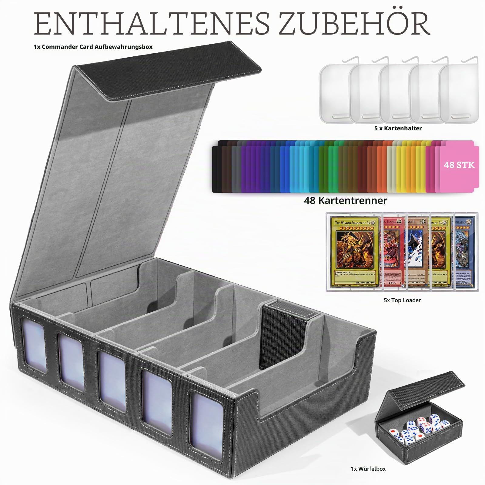 MTG Deck Box 3-reihig – Aufbewahrungsbox Für 2400+ Karten – Inkl. 15 Bunten Trennwänden – Aus PU-Leder – Schwarz/grau